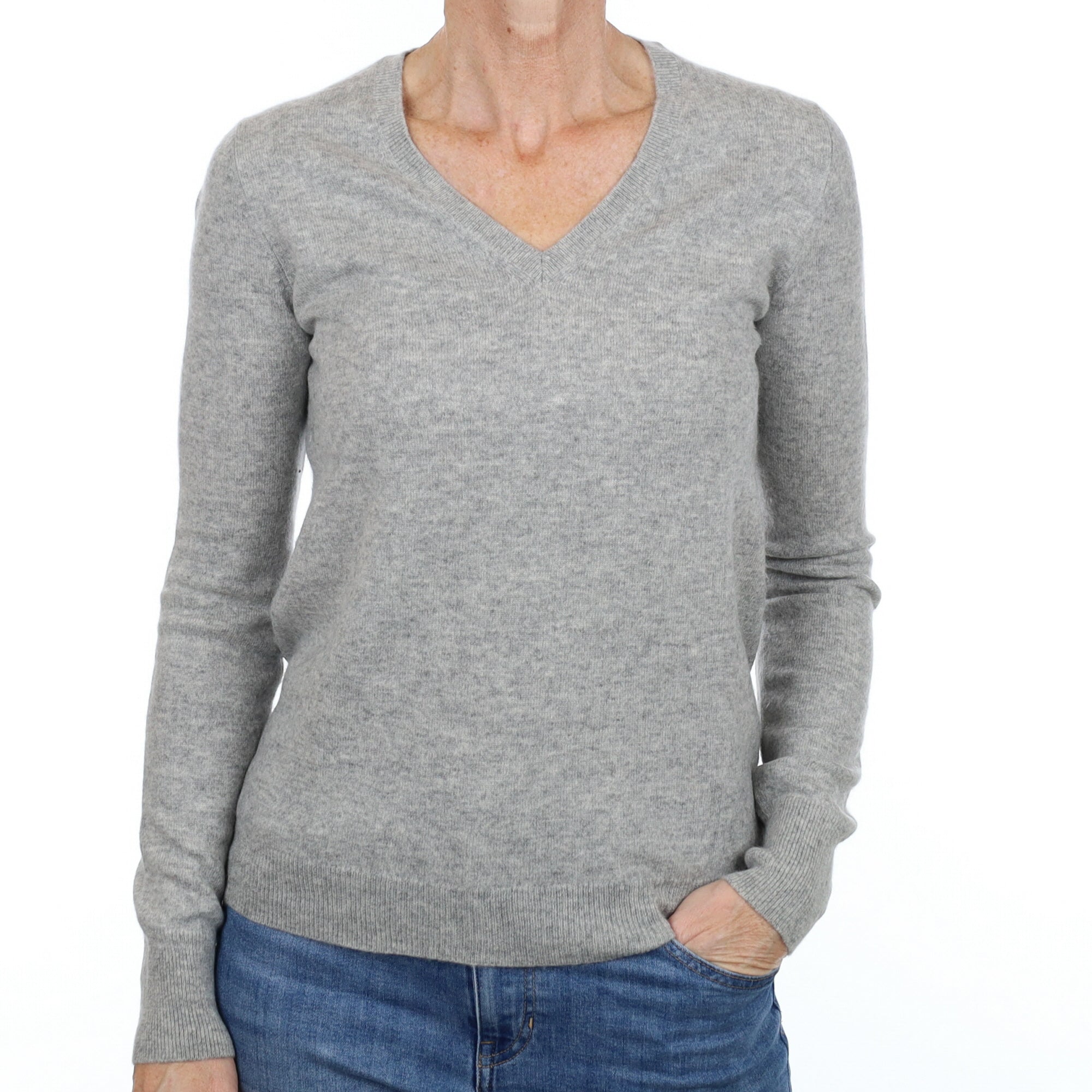 Smoke Grey Cashmere V Neck Jumper Small