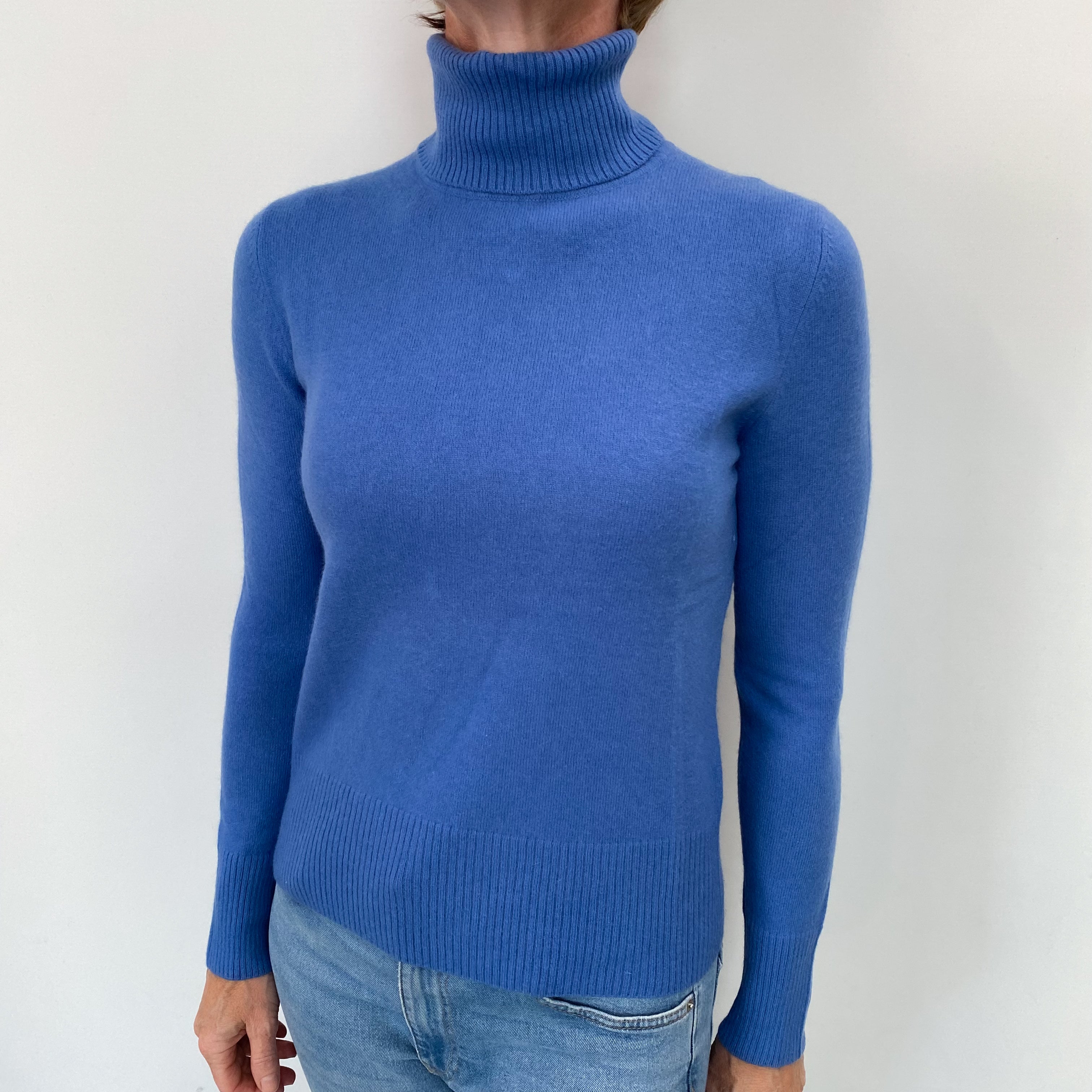 Tanzanite Blue Cashmere Polo Neck Jumper Small