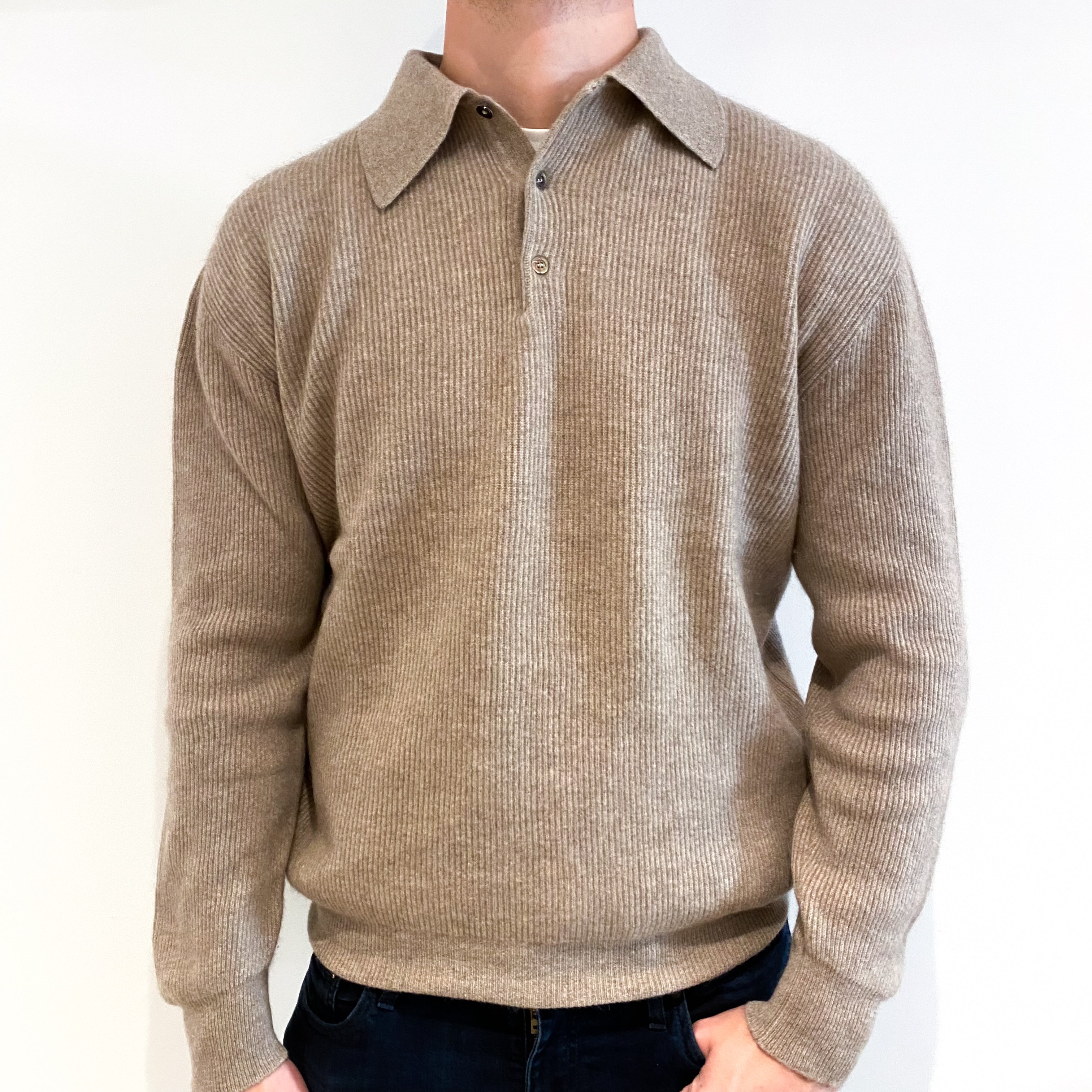Men's Italian Chunky Fawn Cashmere 1/4 Button Jumper Extra Large