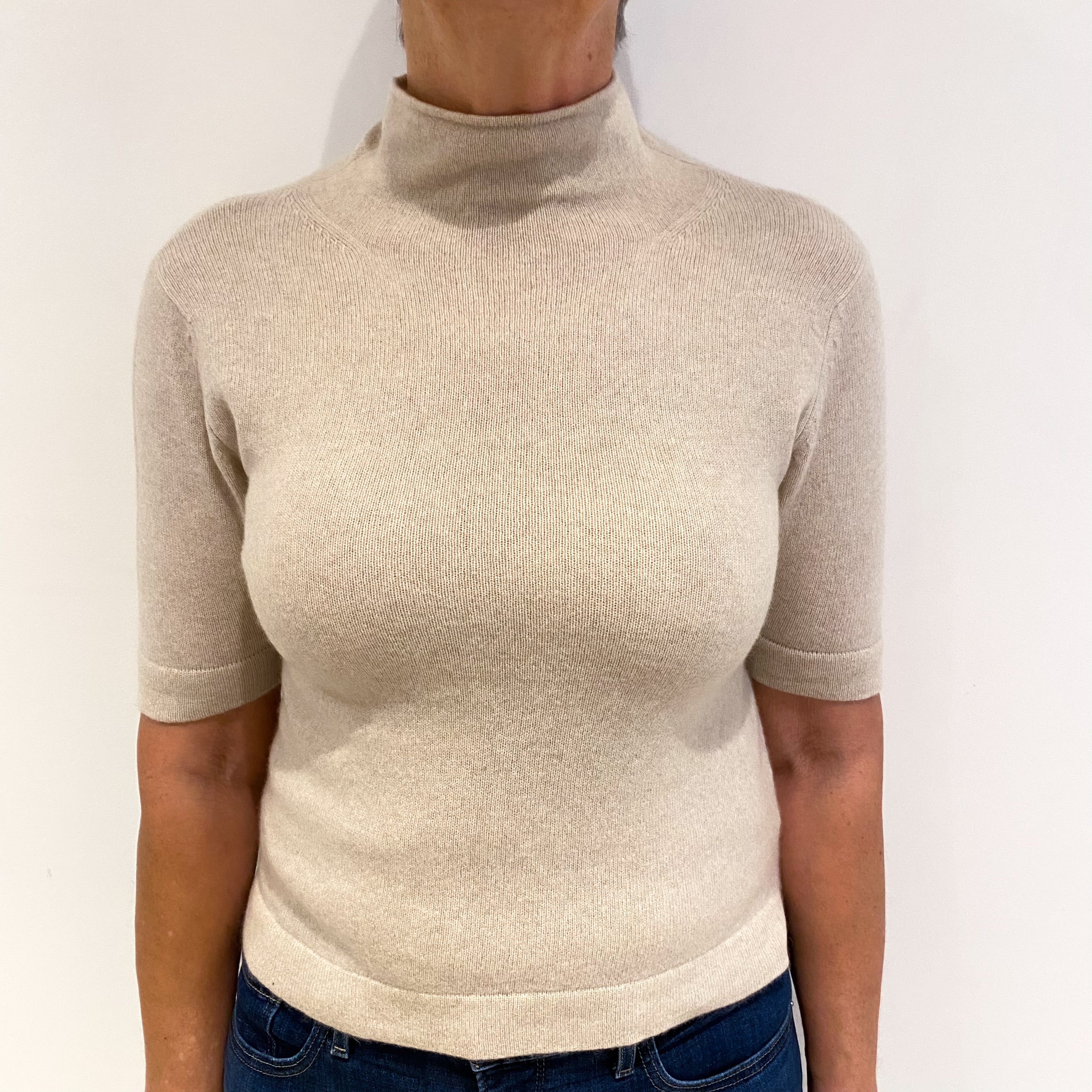 Honey Beige Cashmere Funnel Neck Short Sleeved Jumper Medium