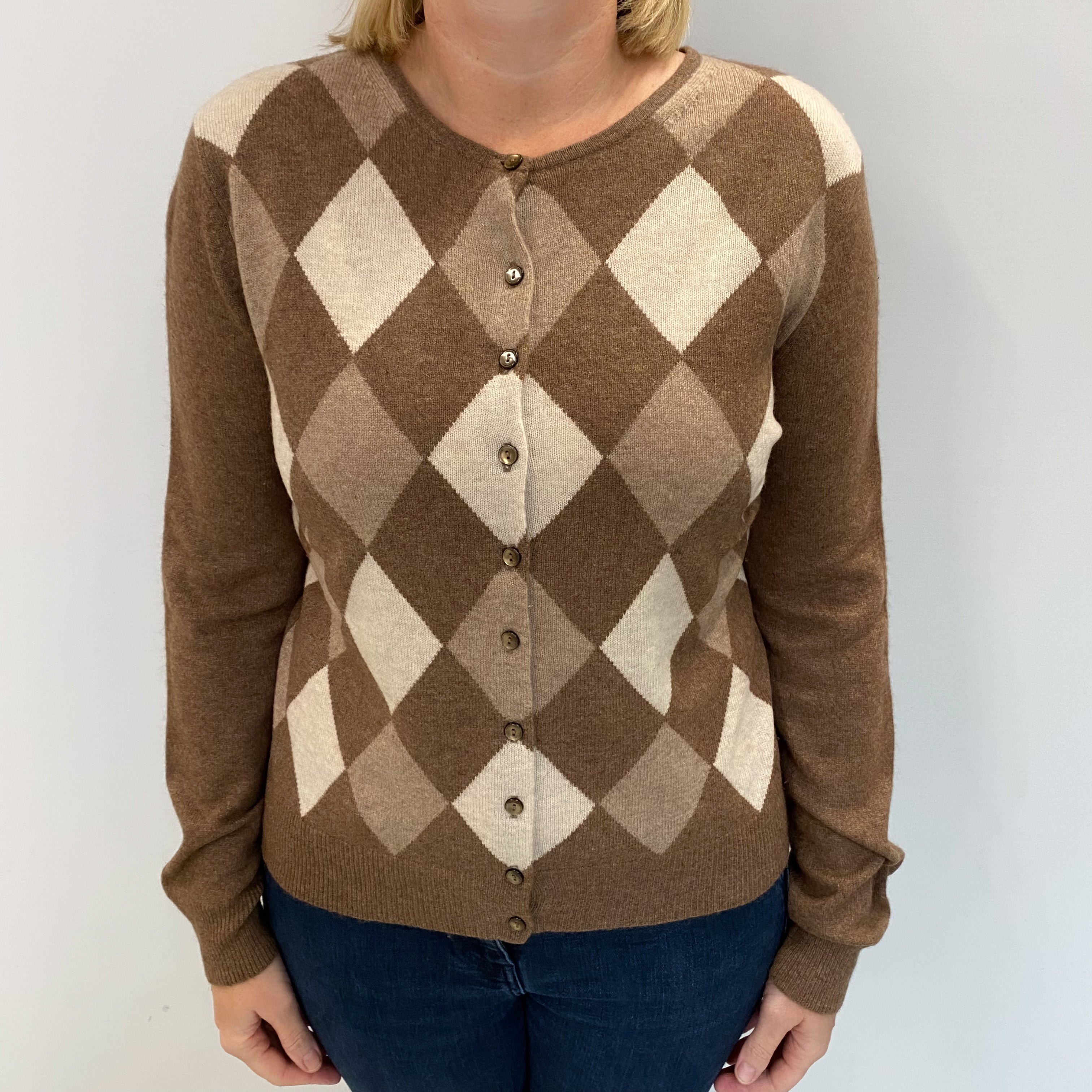Saddle Brown Diamond Patterned Cashmere Crew Neck Cardigan Large