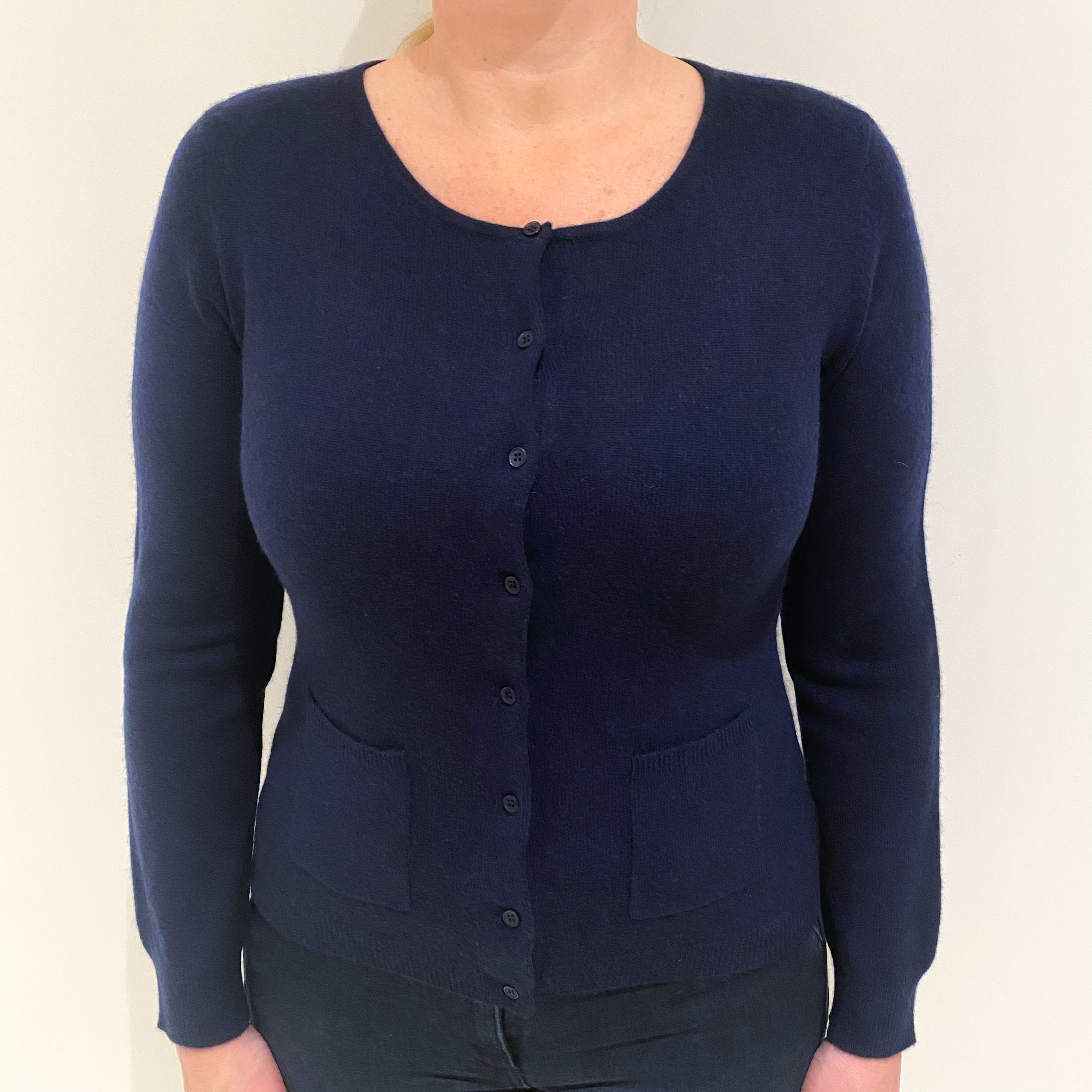 New Navy Cashmere Crew Neck Cardigan Large