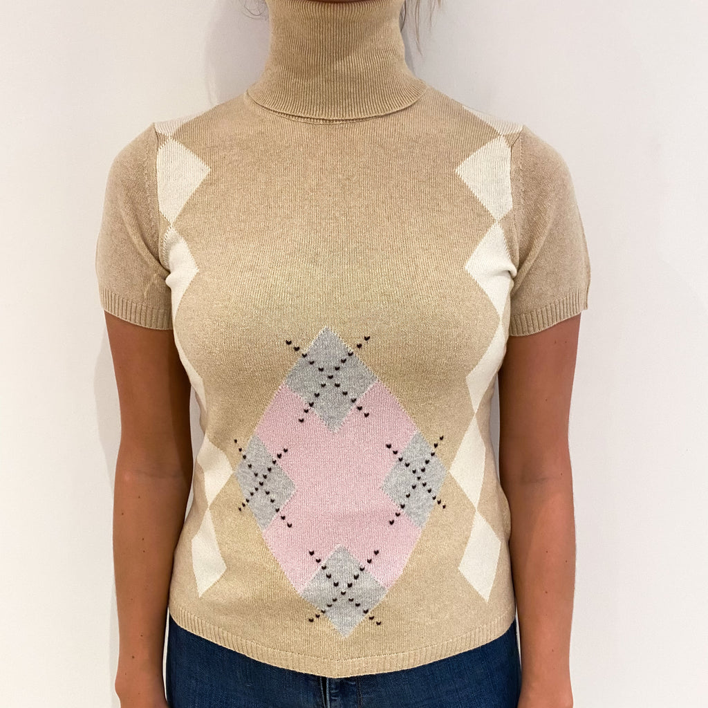 Sand Beige Cashmere Polo Neck Short Sleeved Jumper Small