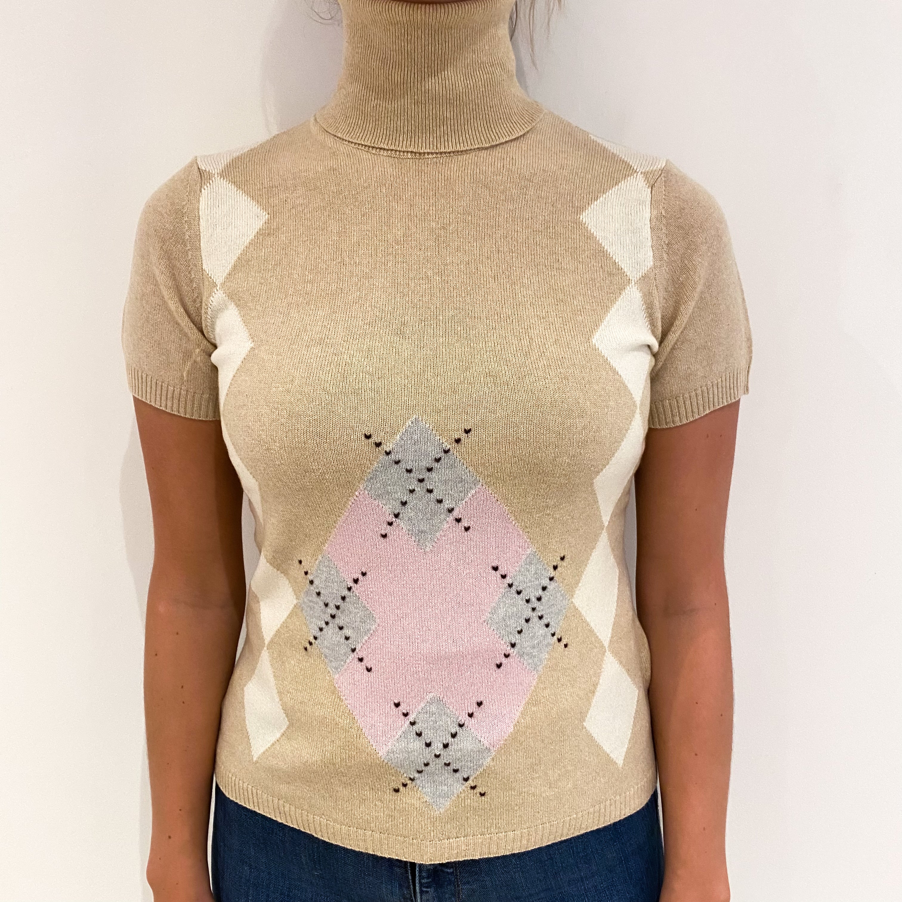 Sand Beige Cashmere Polo Neck Short Sleeved Jumper Small