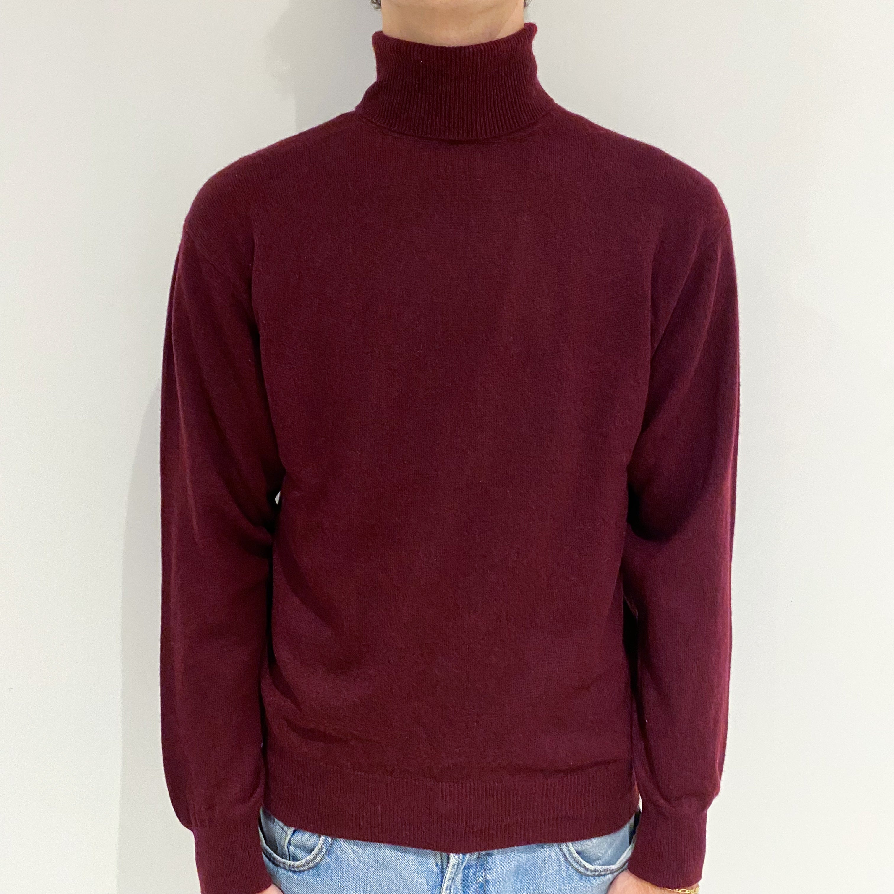 Men's Claret Red Cashmere Polo Neck Jumper Large