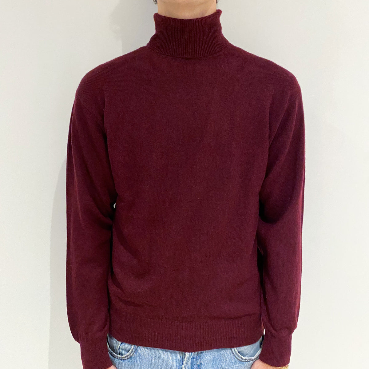 Men's Claret Red Cashmere Polo Neck Jumper Large