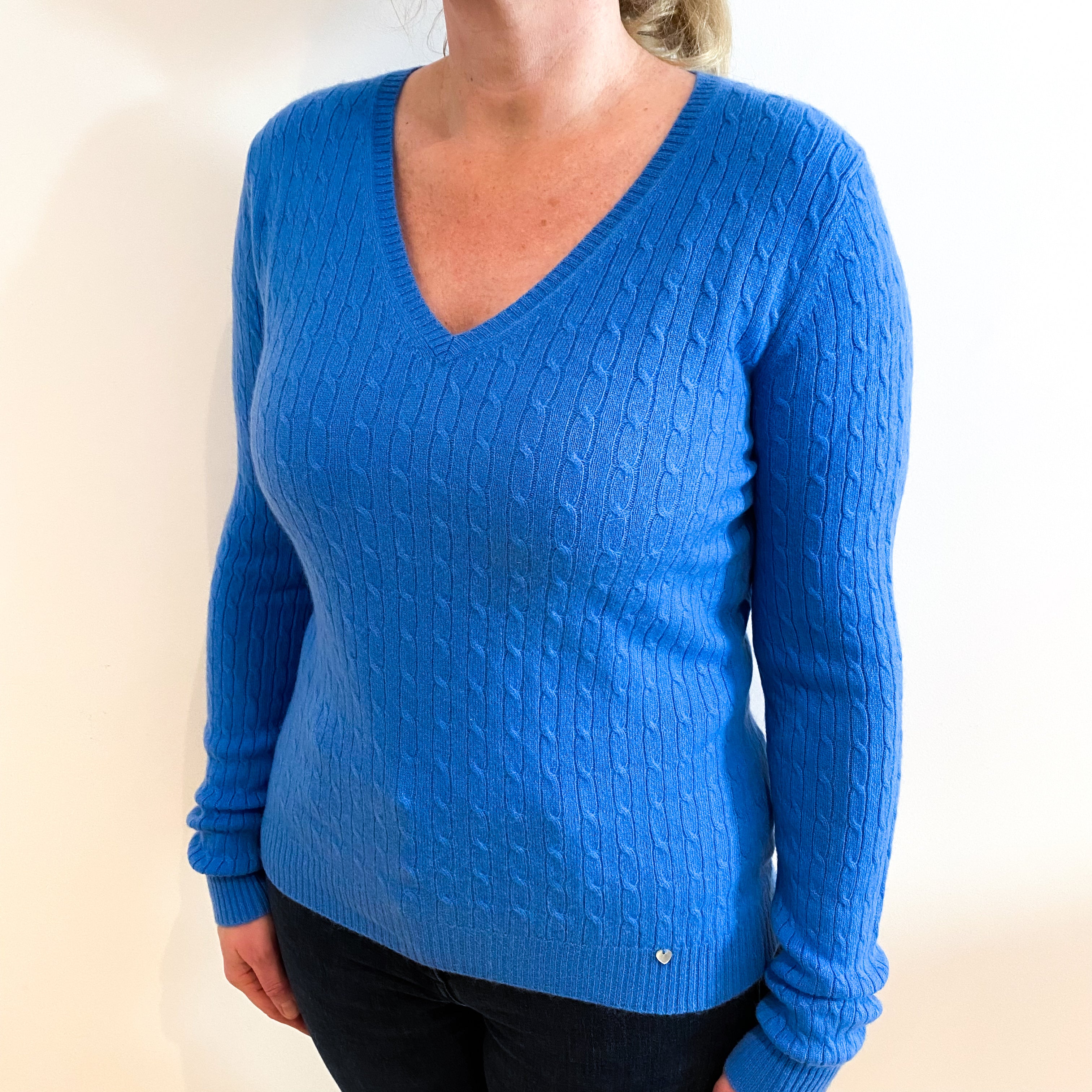 Cornflower Blue Cable Cashmere V Neck Jumper Large
