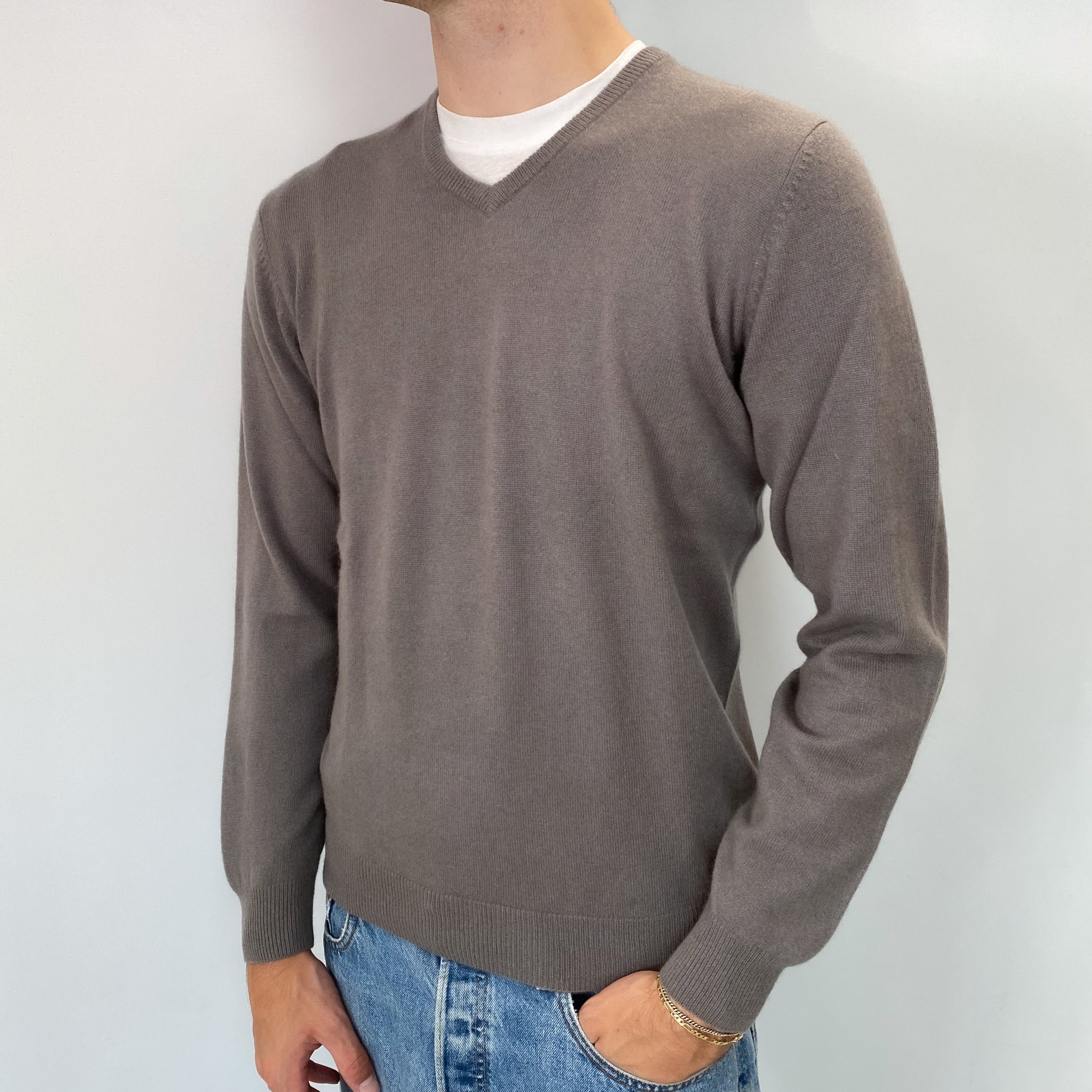 Men's Fossil Grey Cashmere V Neck Jumper Medium