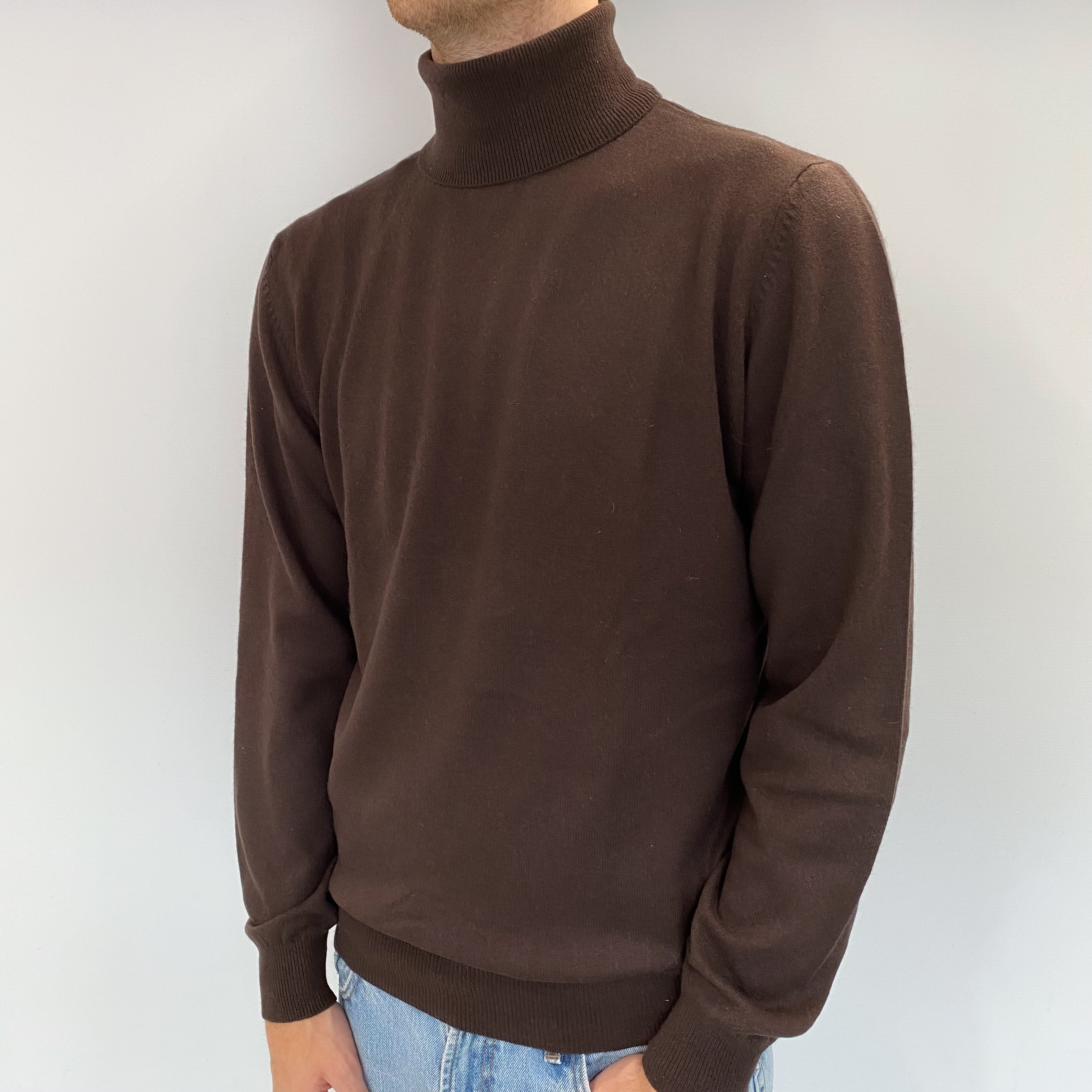 Men's Chocolate Brown Cashmere Polo Neck Jumper Large