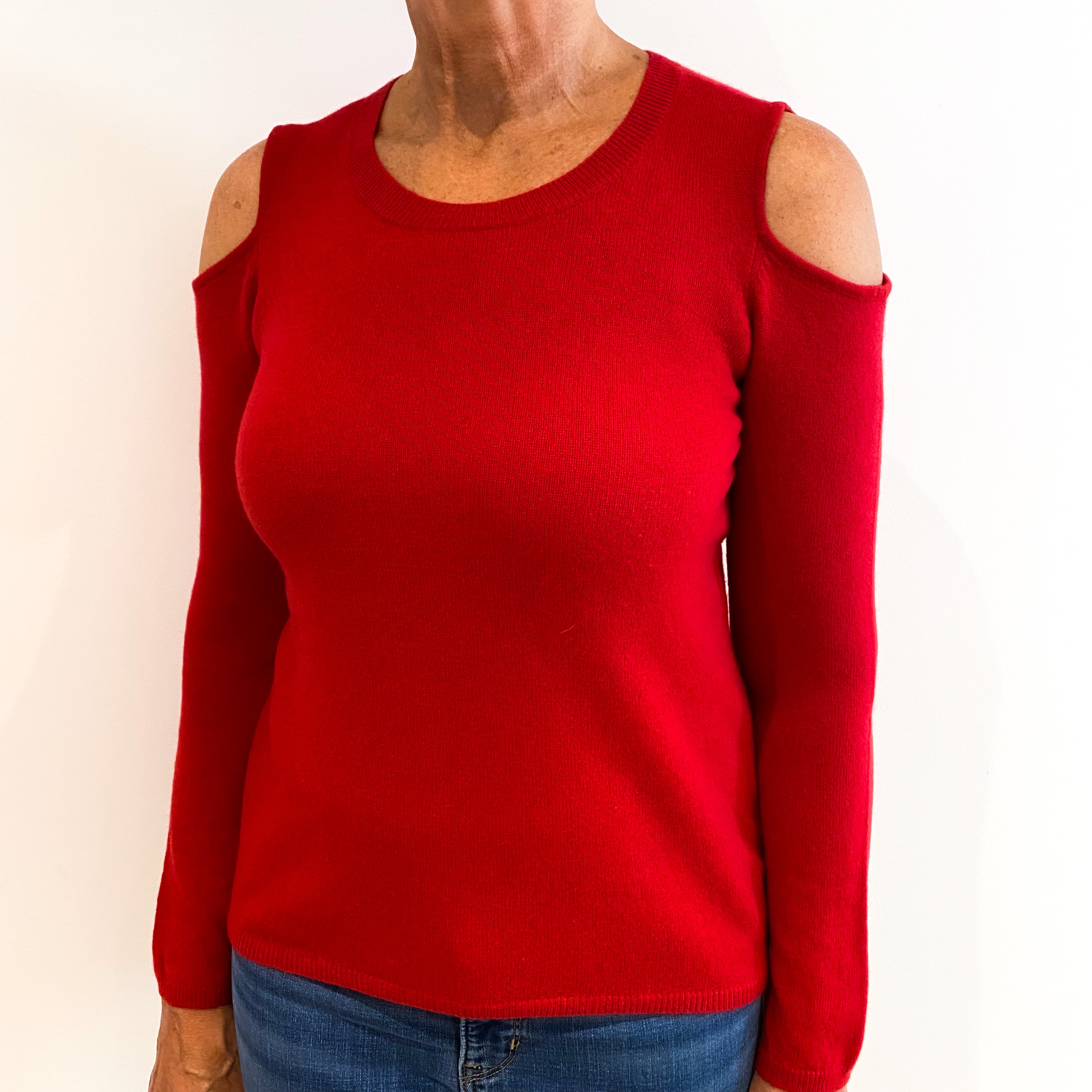 Post Box Red Cashmere Cold Shoulder Jumper Medium