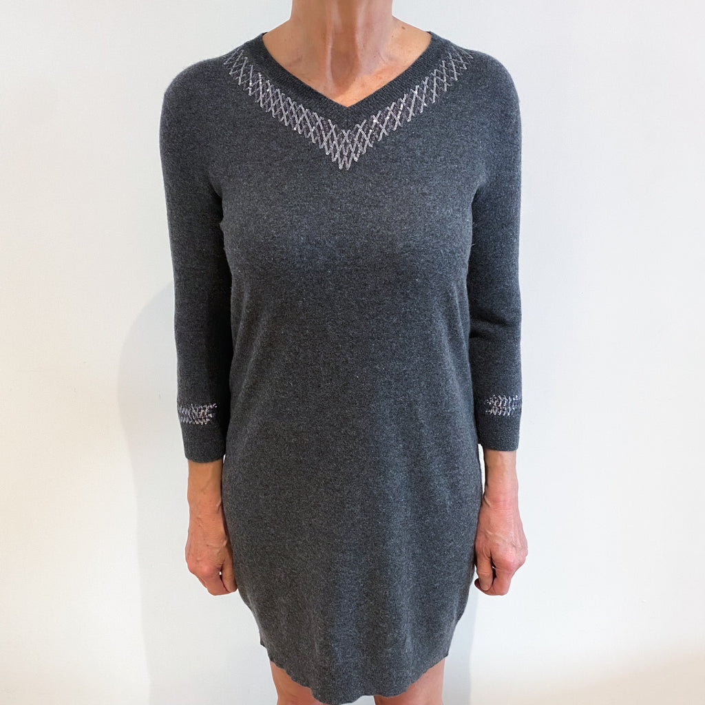 Slate Grey Sequinned Cashmere V Neck Dress Medium
