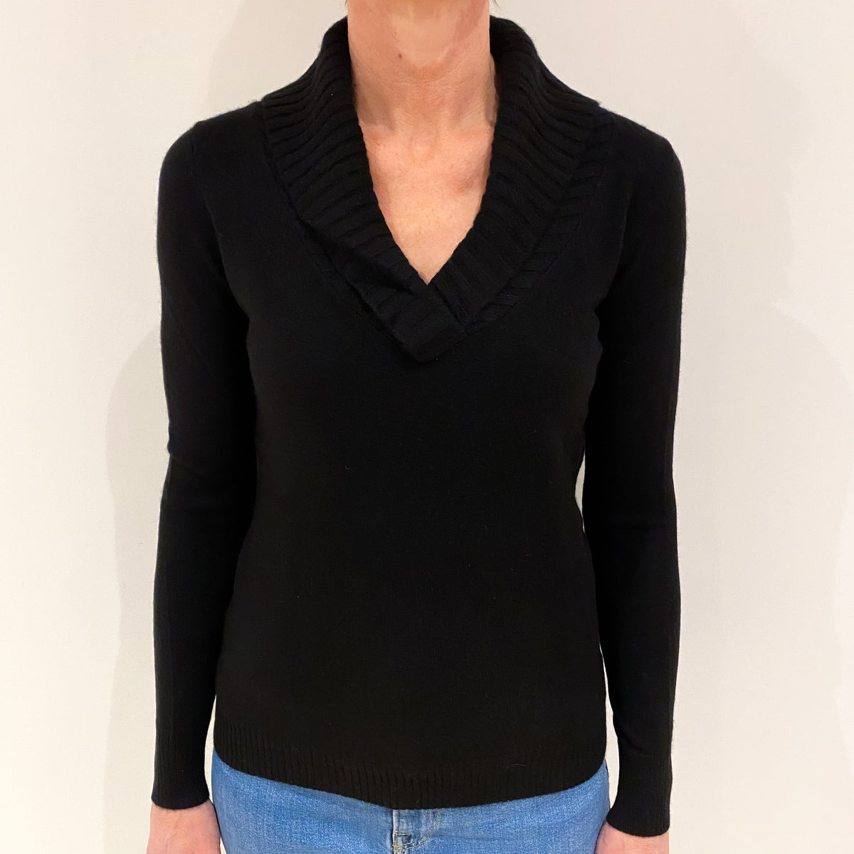Black Shawl Collar Cashmere V Neck Jumper Small