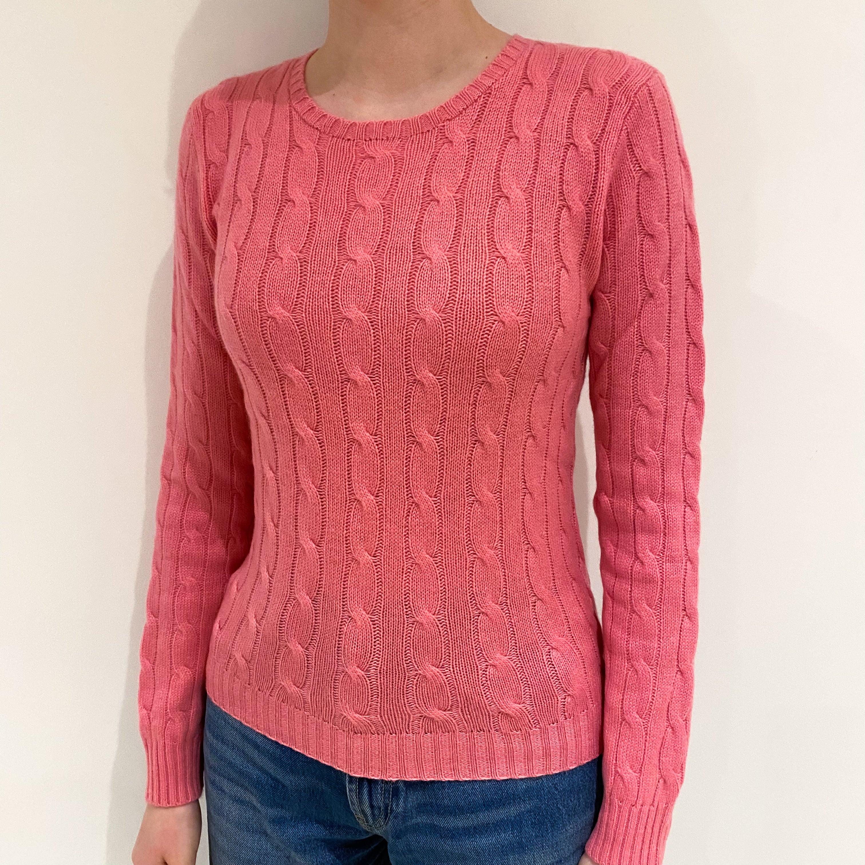 Lupin Pink Cable Cashmere Crew Neck Jumper Extra Small