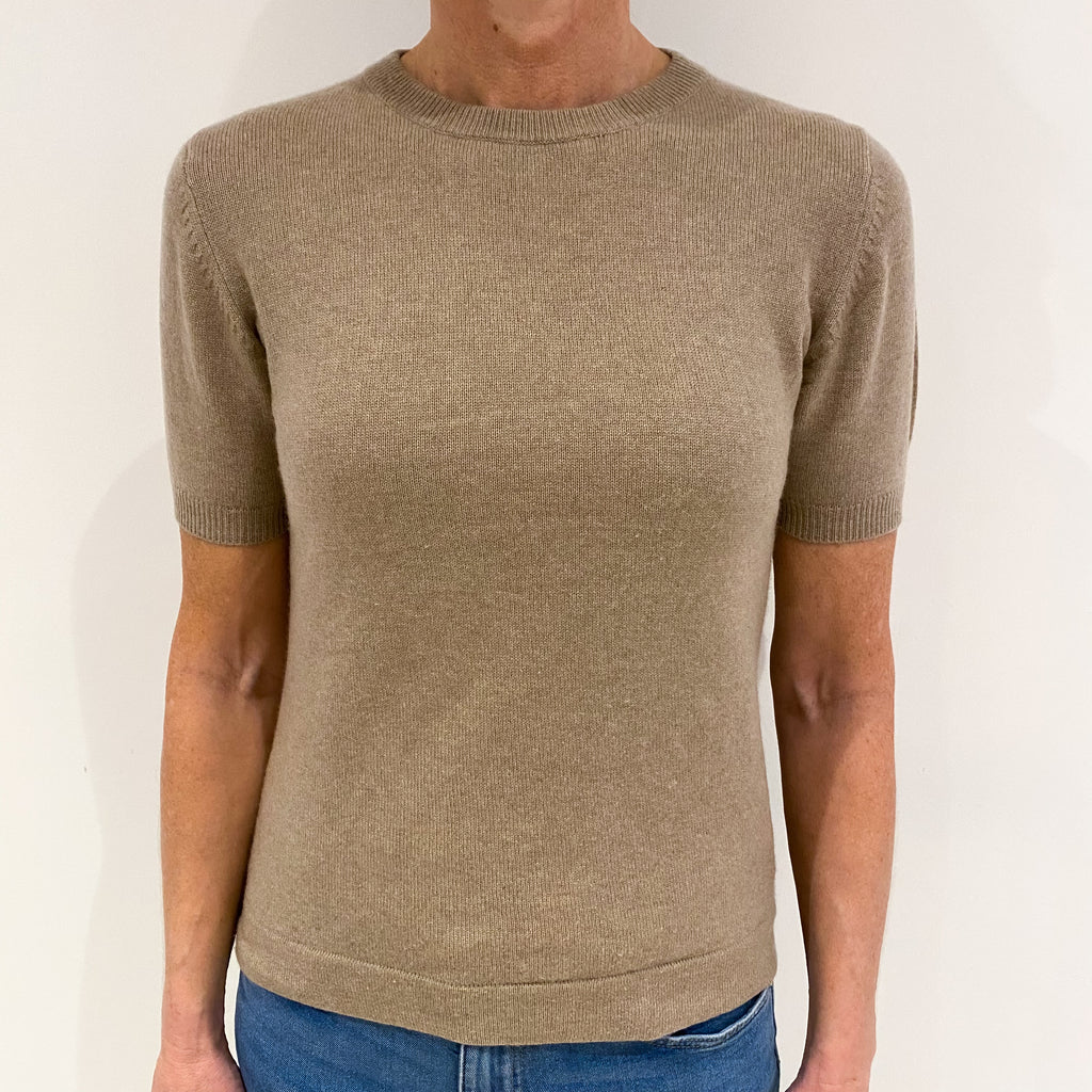 Taupe Brown Cashmere Short Sleeved Crew Neck Jumper Small