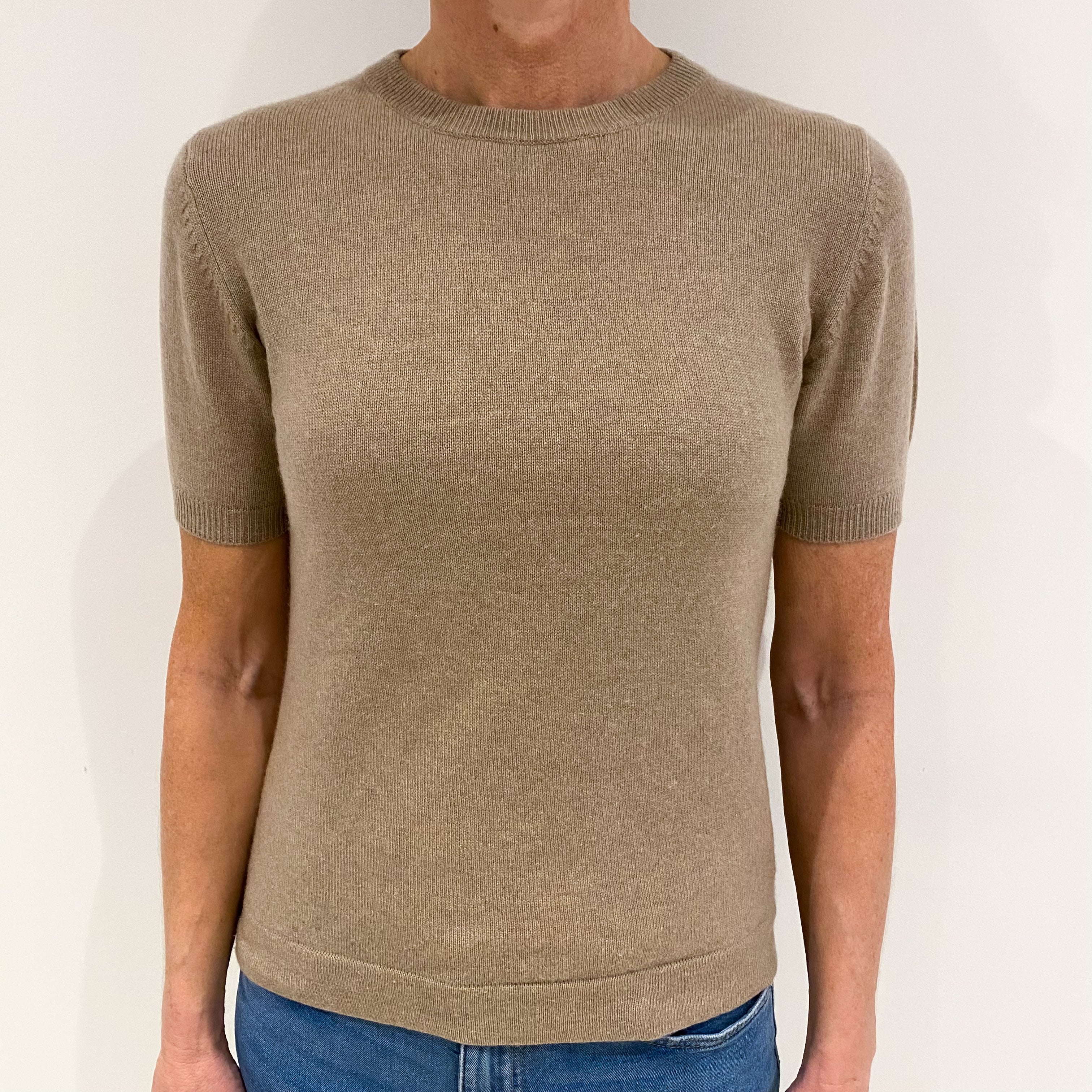Taupe Brown Cashmere Short Sleeved Crew Neck Jumper Small