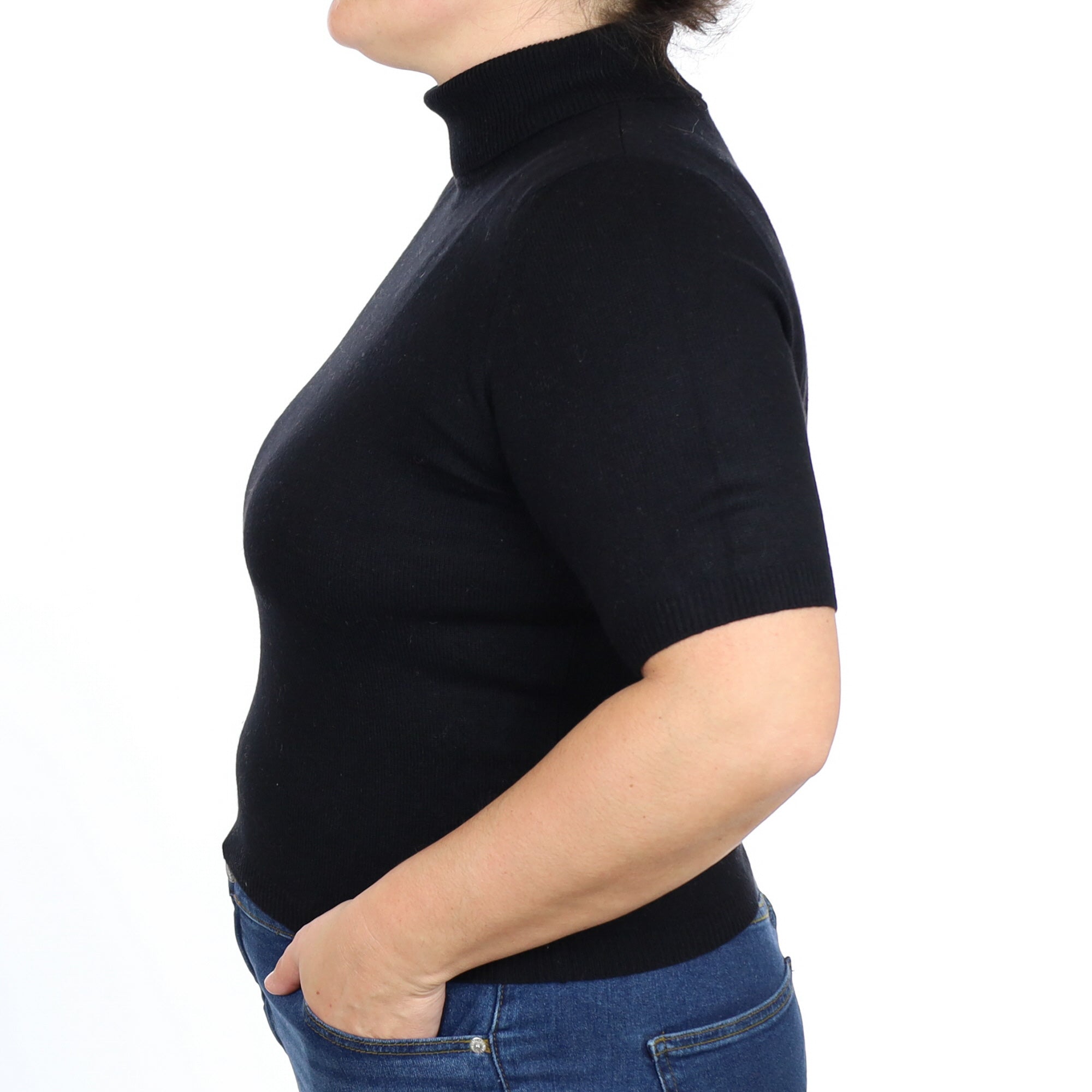 Black Cashmere Short Sleeve Polo Neck Jumper Large