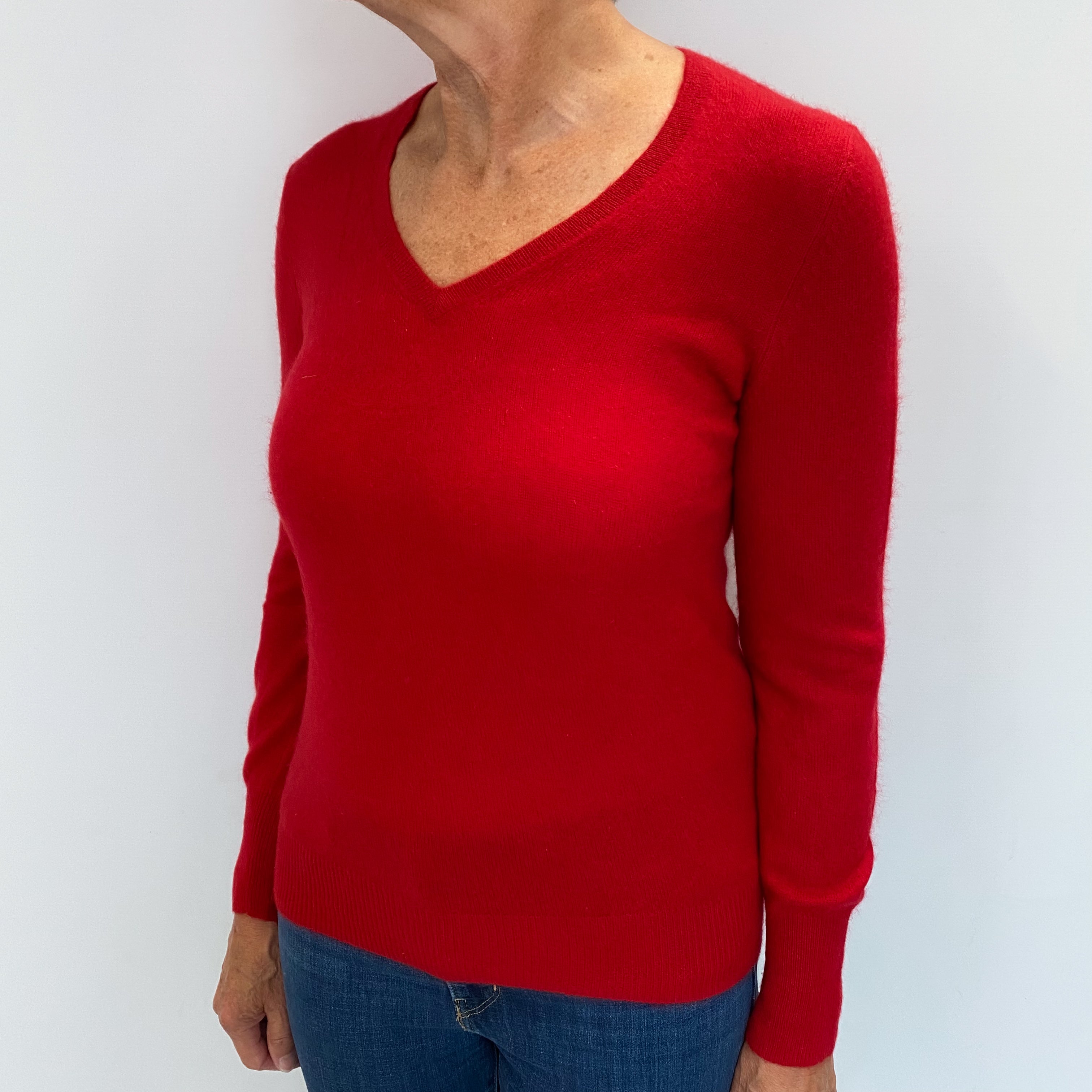 Post Box Red Cashmere V Neck Jumper Medium