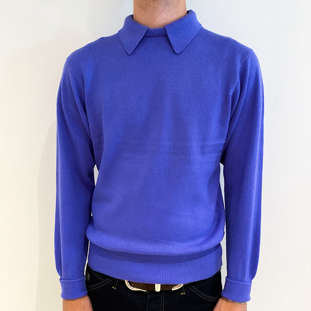 Men's Periwinkle Purple Cashmere Collared Crew Neck Jumper Medium