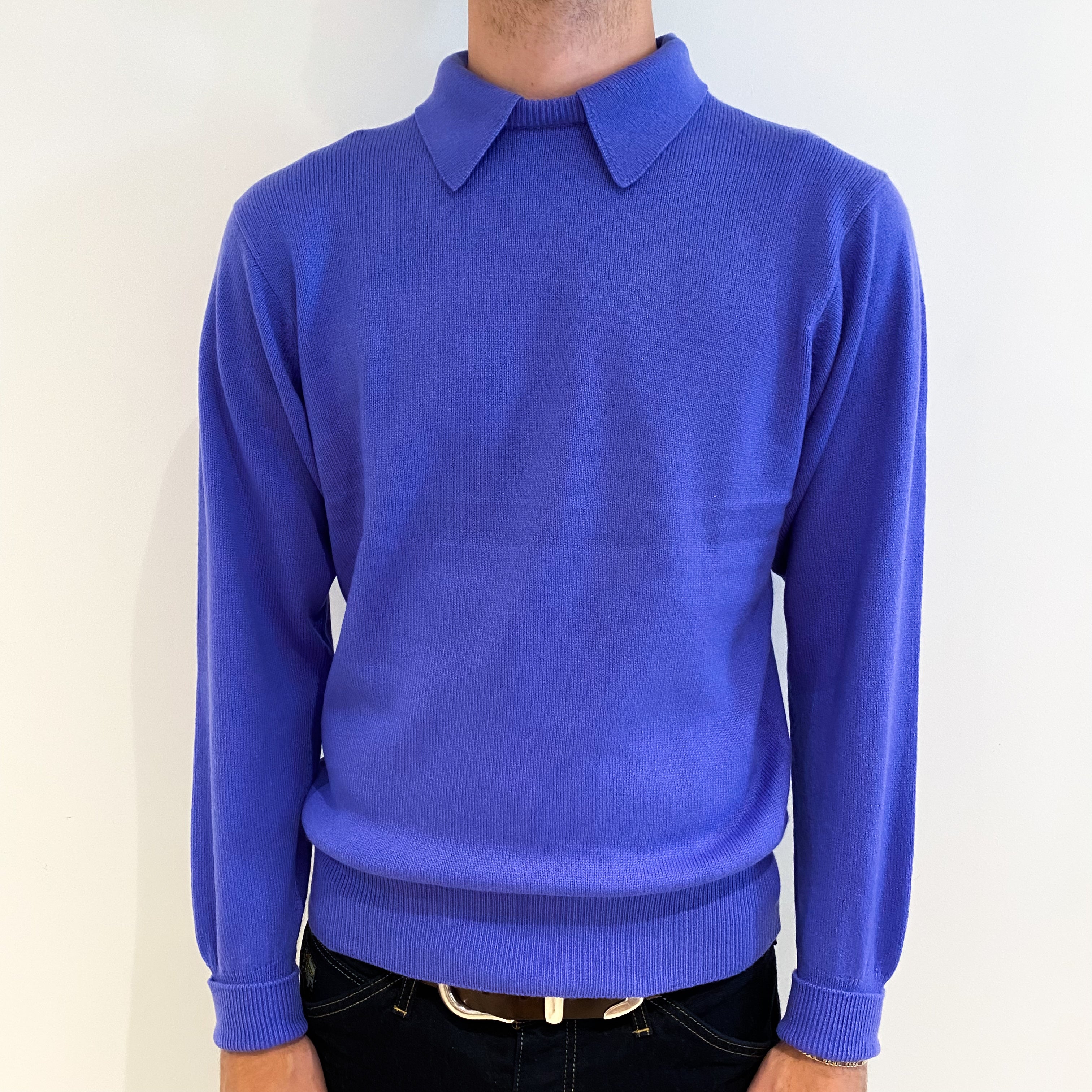 Men's Periwinkle Purple Cashmere Collared Crew Neck Jumper Medium