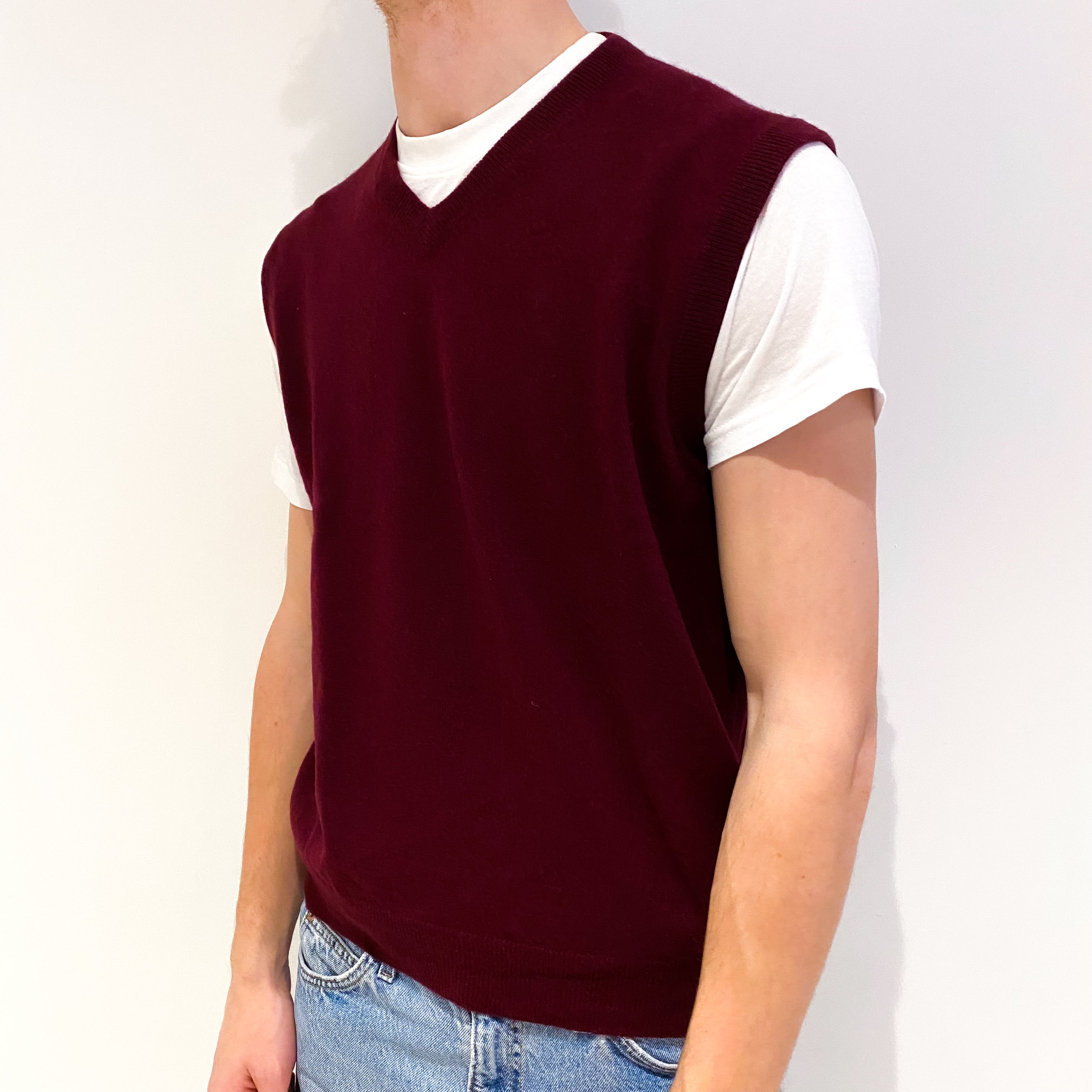Men's Wine Red Cashmere V-Neck Tank Top Medium