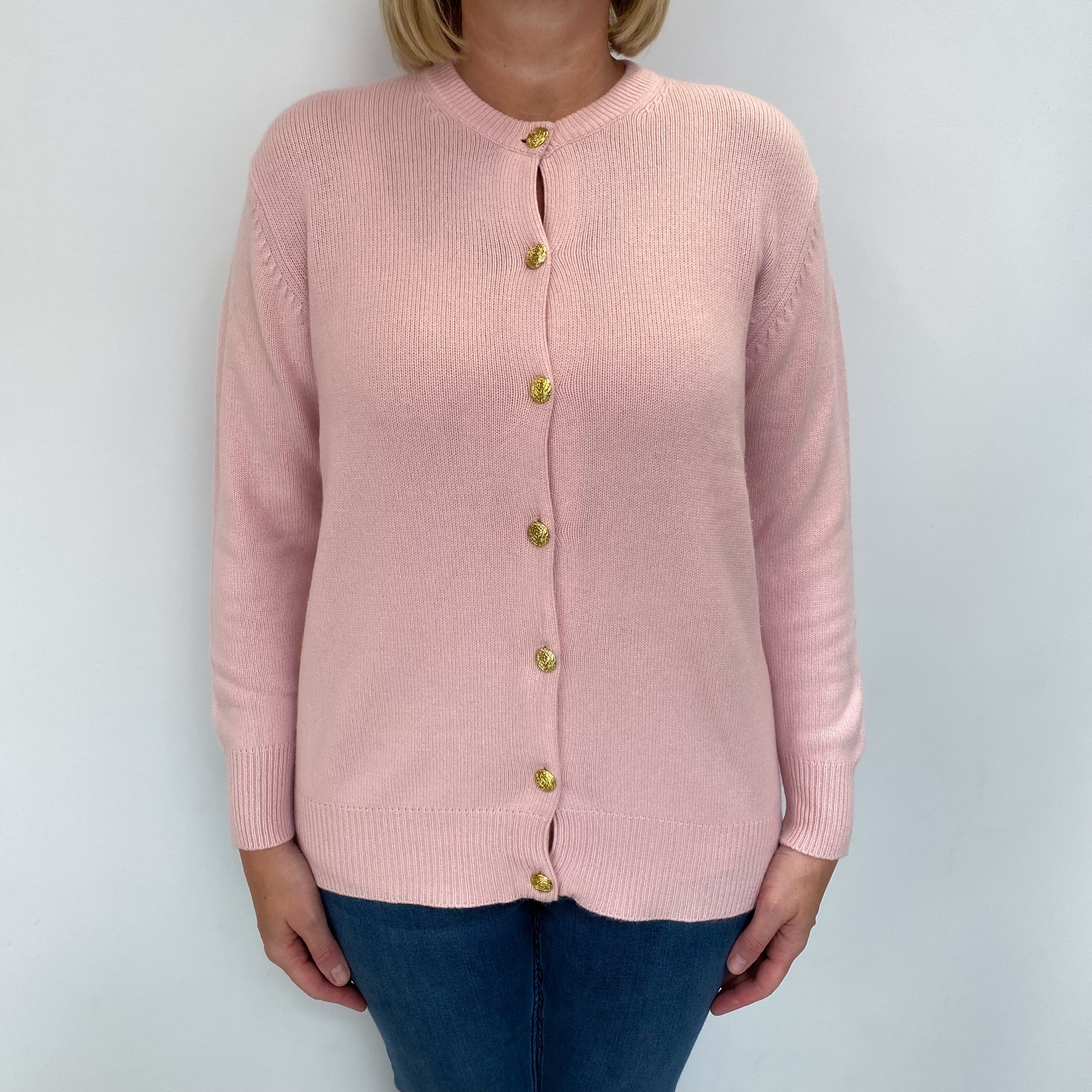 Carnation Pink Cashmere Crew Neck Cardigan Large
