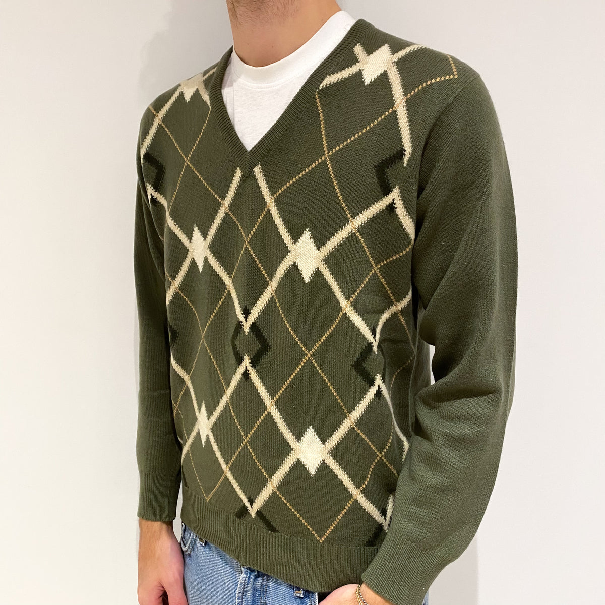 Men's Vintage Pringle Olive Green Diamond Cashmere V Neck Jumper Large