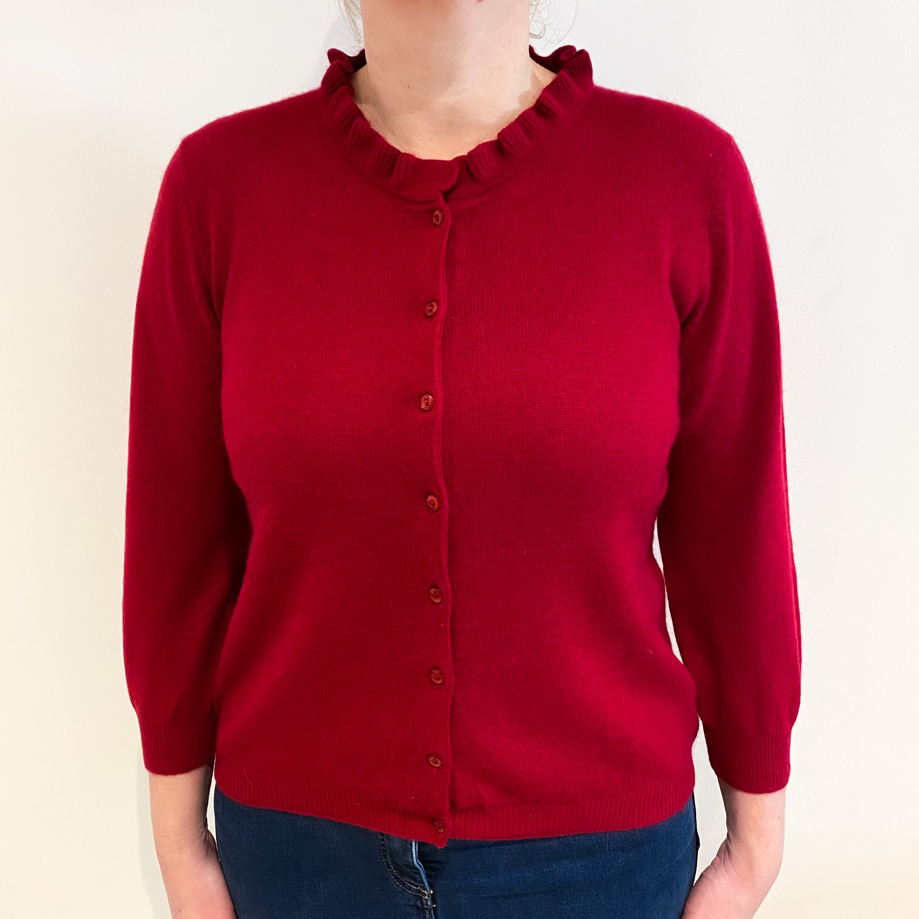 Crimson Red Cashmere Ruffle Neck Cardigan Large