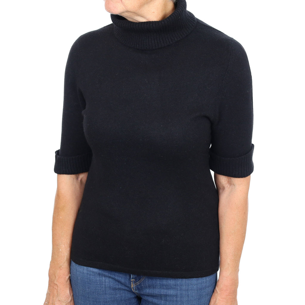 Black Cashmere Polo Neck Short Sleeved Jumper Medium