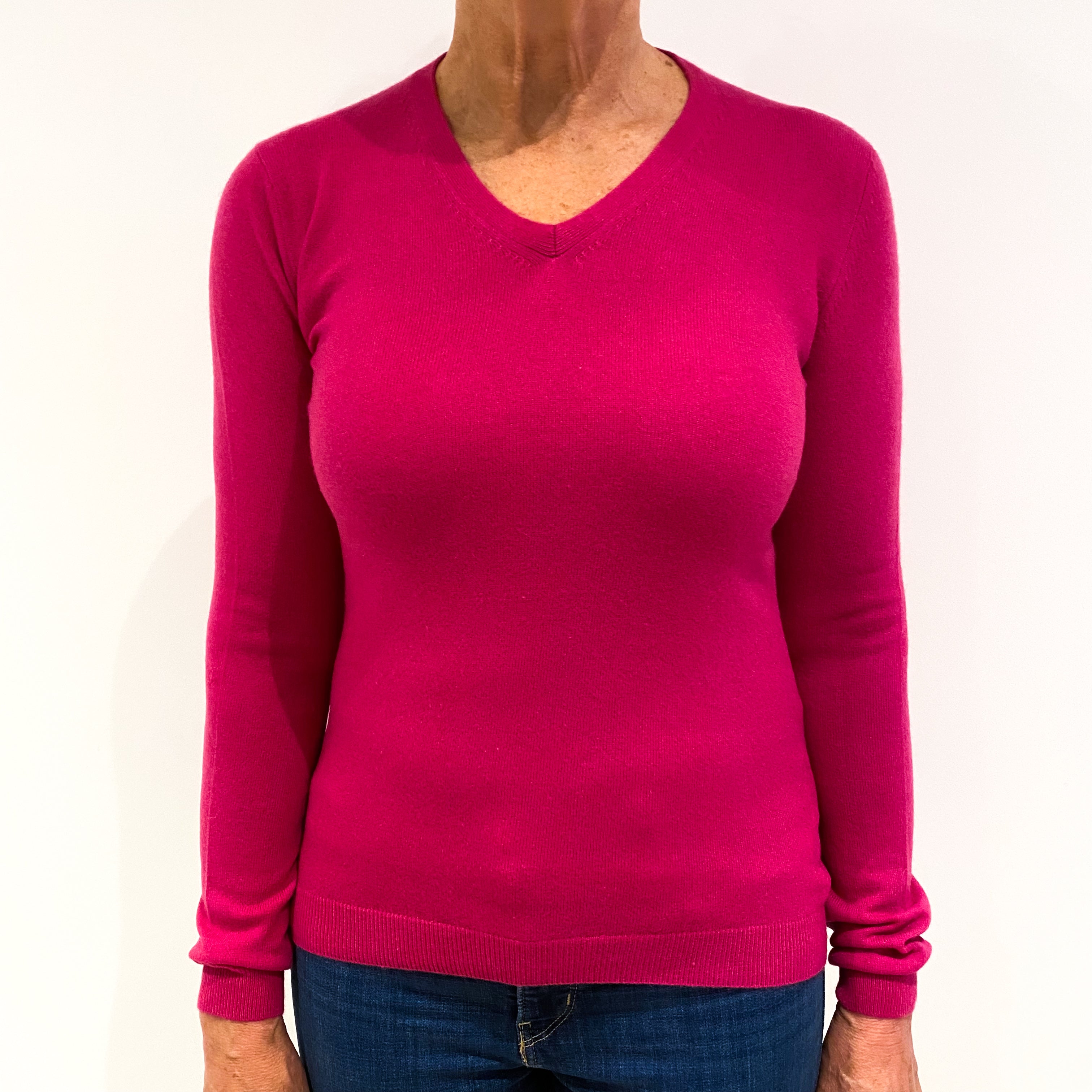 Fuchsia Pink Cashmere V-Neck Jumper Medium