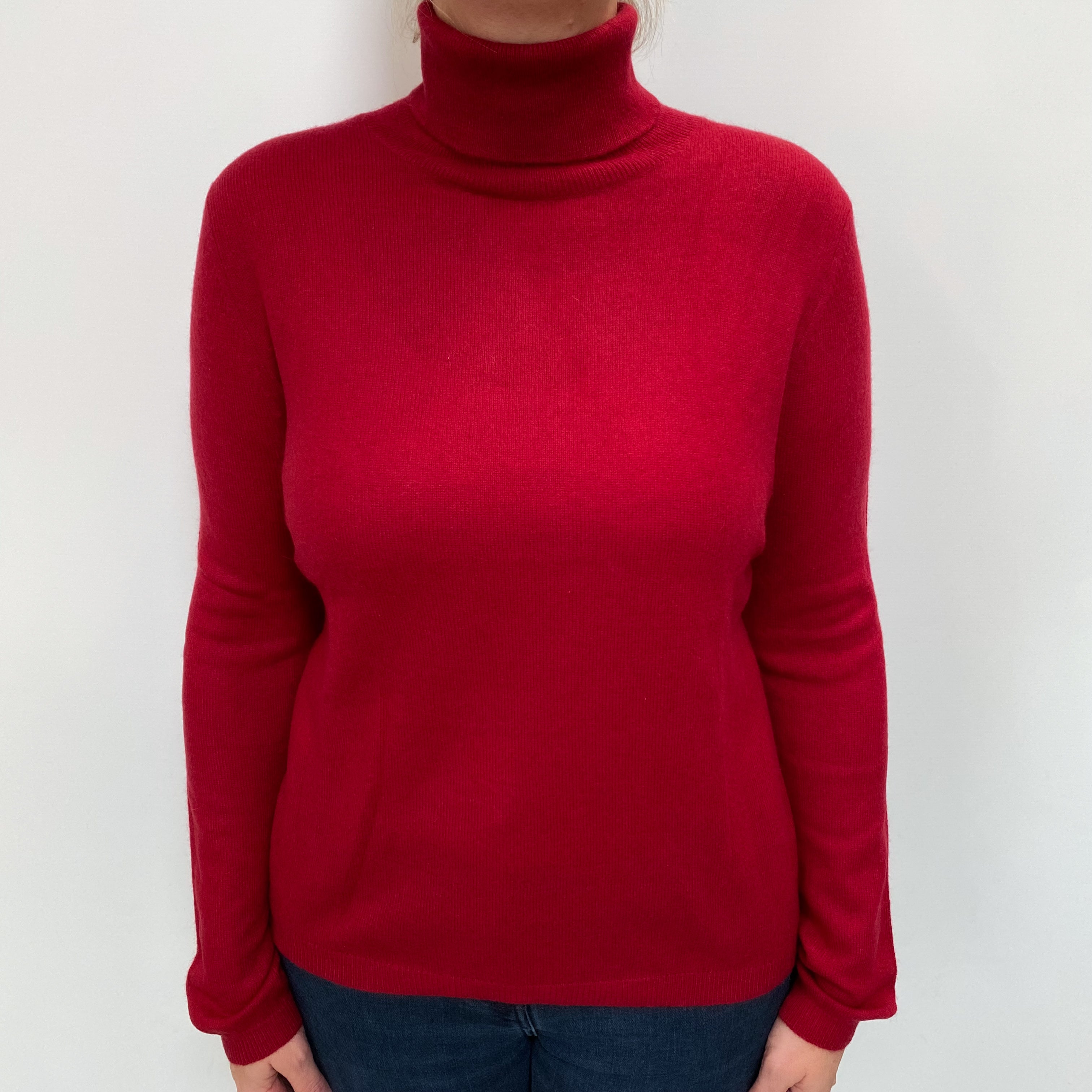 Crimson Red Cashmere Polo Neck Jumper Large