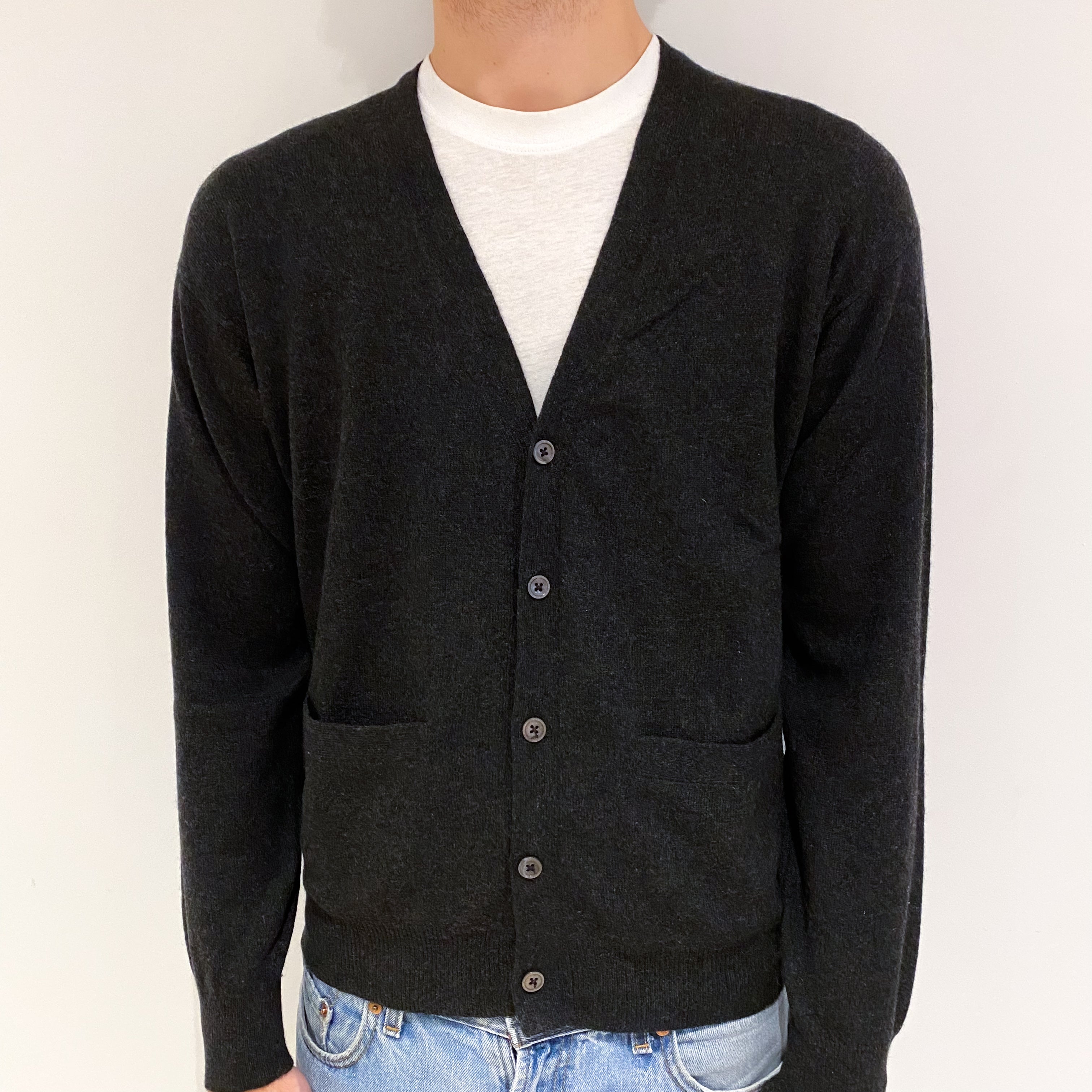 Men's Charcoal Grey Cashmere V Neck Cardigan with Pockets Large