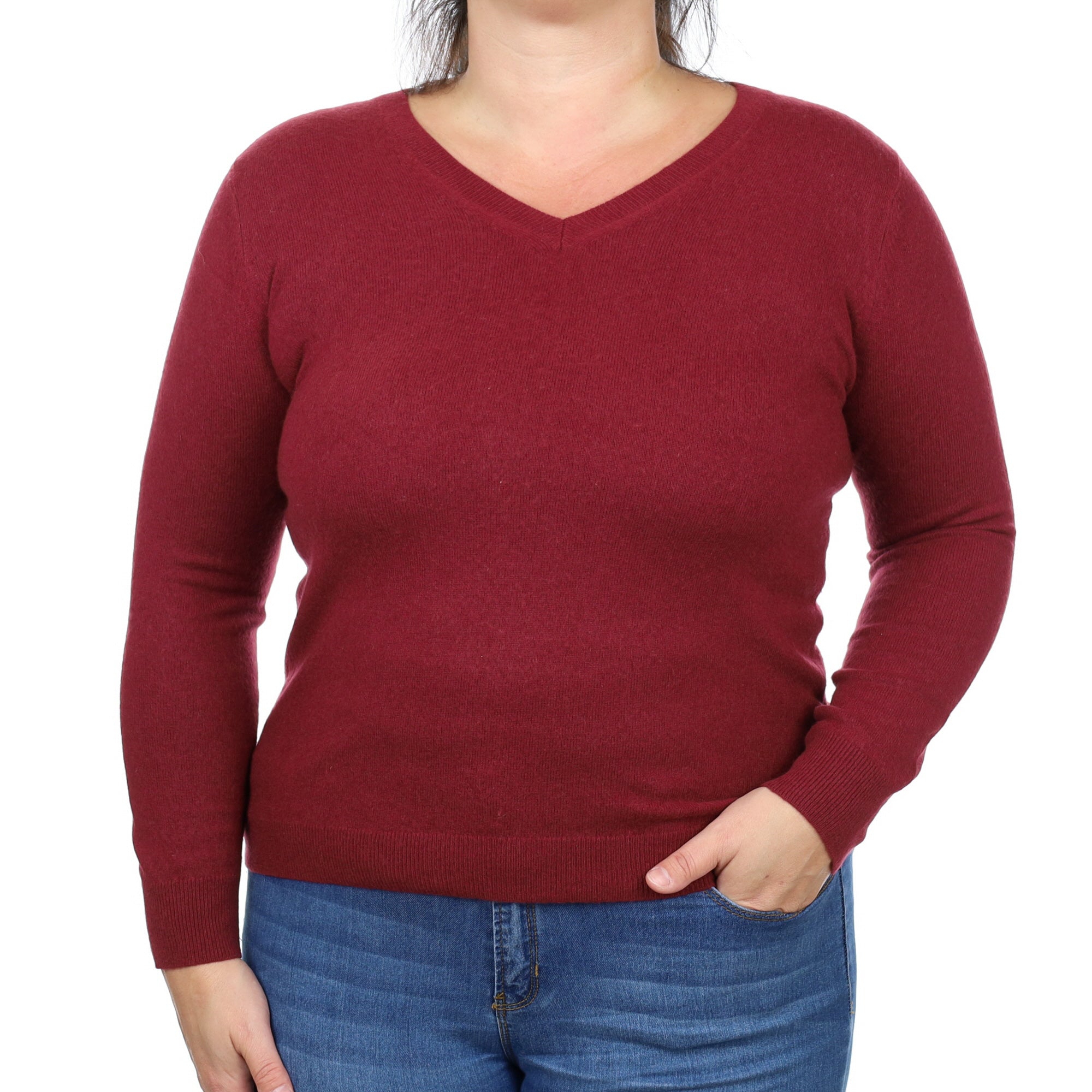 Burgundy Red Cashmere V Neck Jumper Large