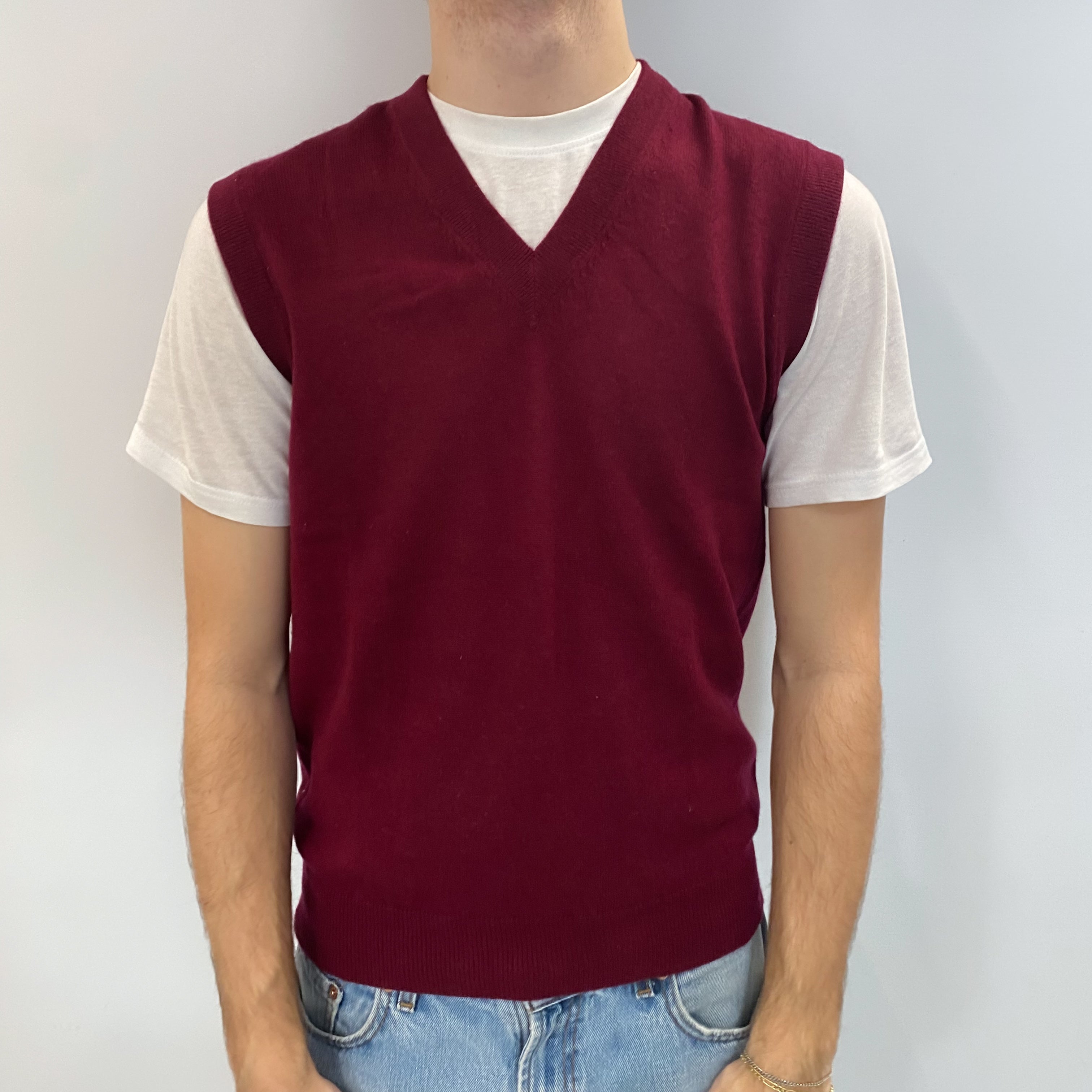 Men's Burgundy Red Cashmere V Neck Tank Top Medium