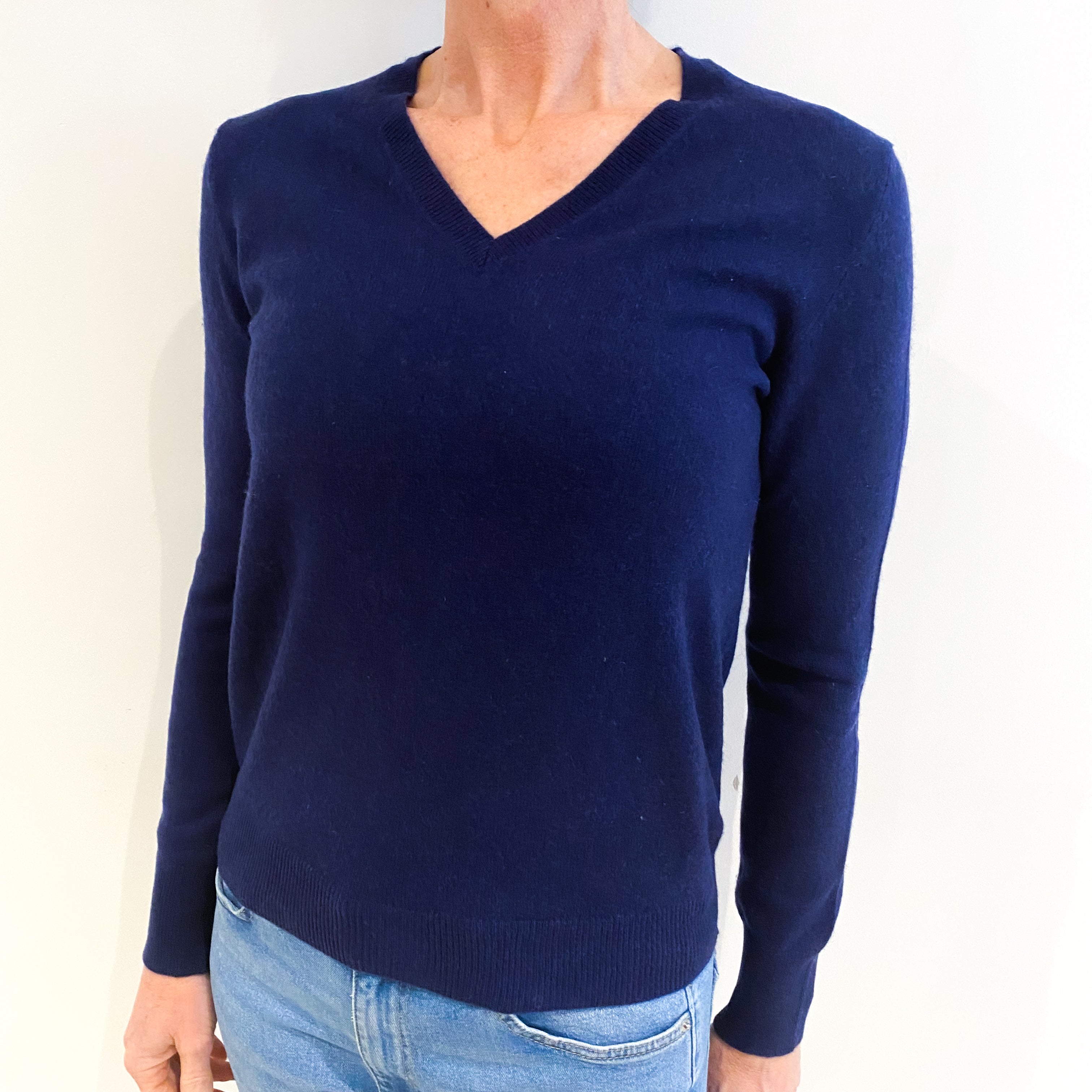 Navy Blue Cashmere V Neck Jumper Small