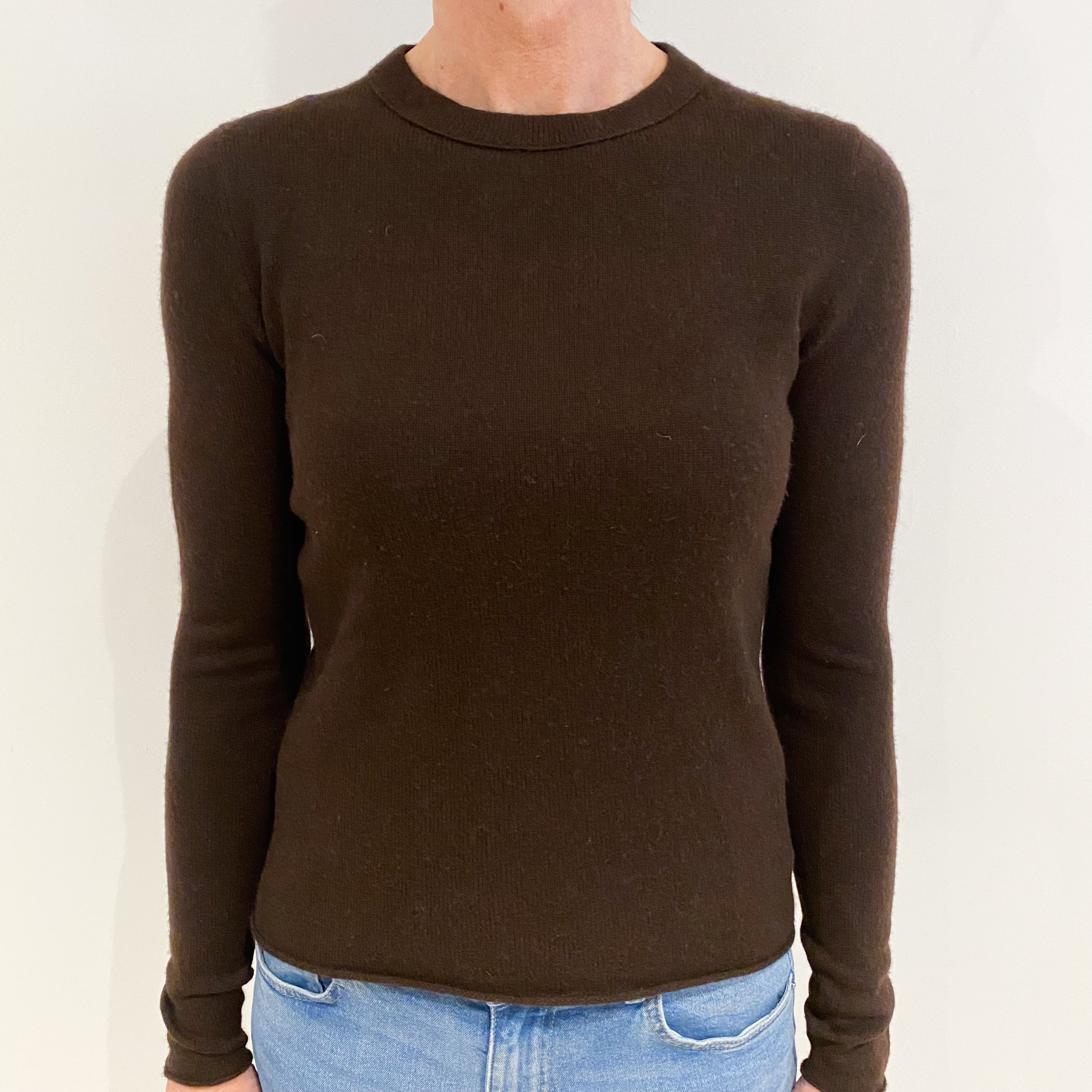 Chocolate Brown Lightweight Cashmere Crew Neck Jumper Small