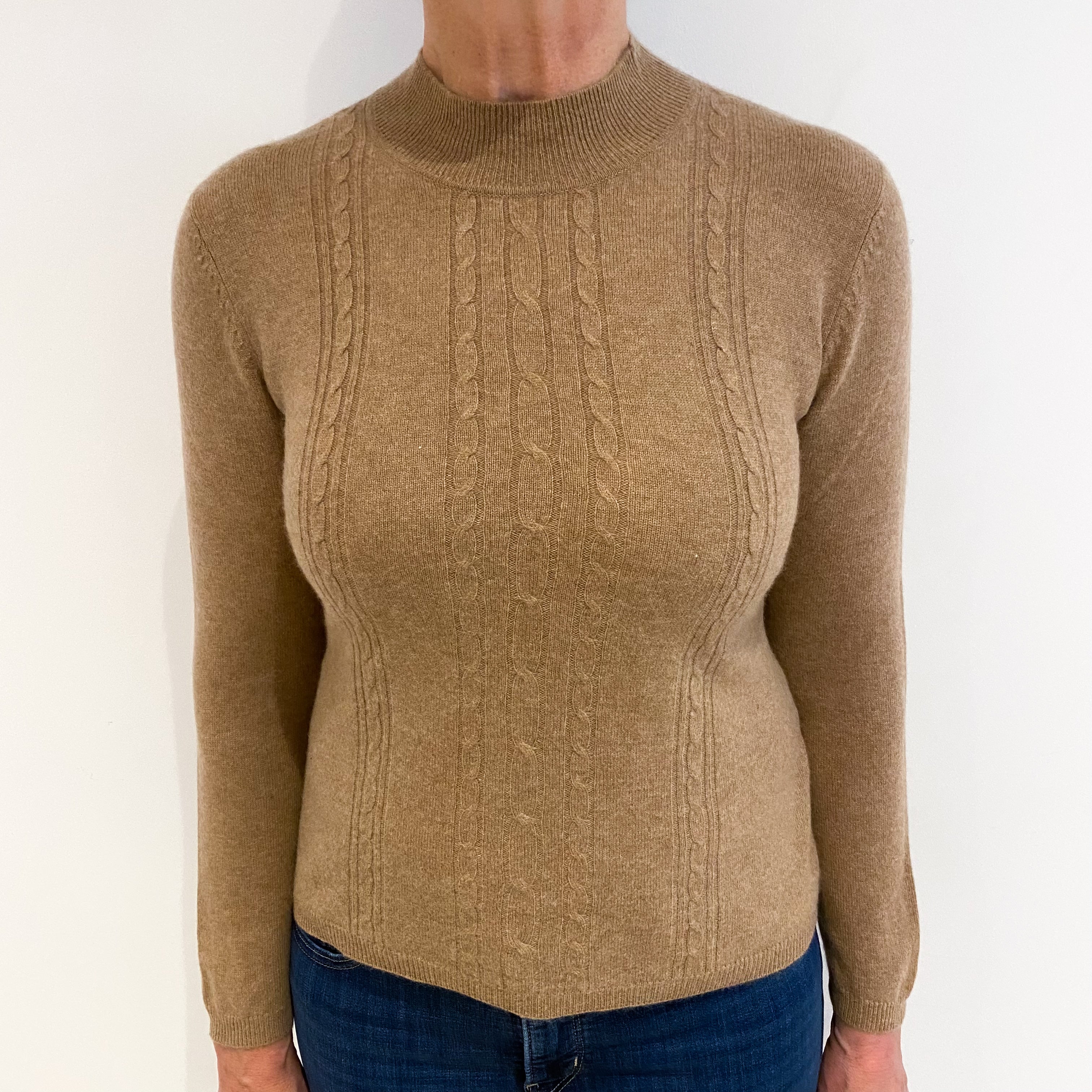 Camel Brown Cable Detail Cashmere Turtle Neck Jumper Medium