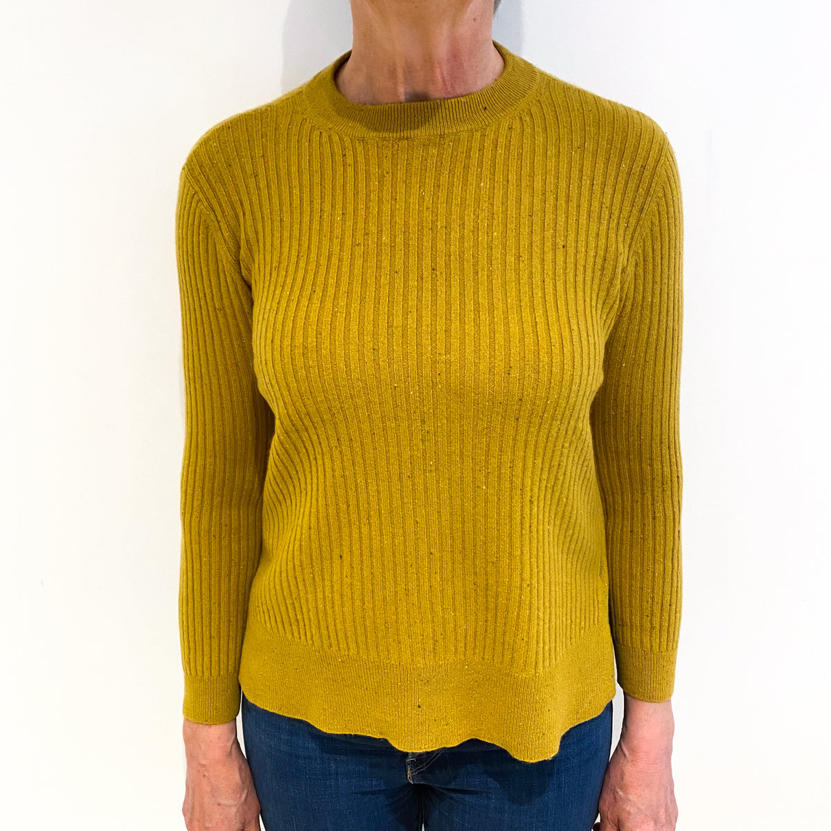 Mustard Yellow Flecked Cashmere Crew Neck Ribbed Jumper Medium