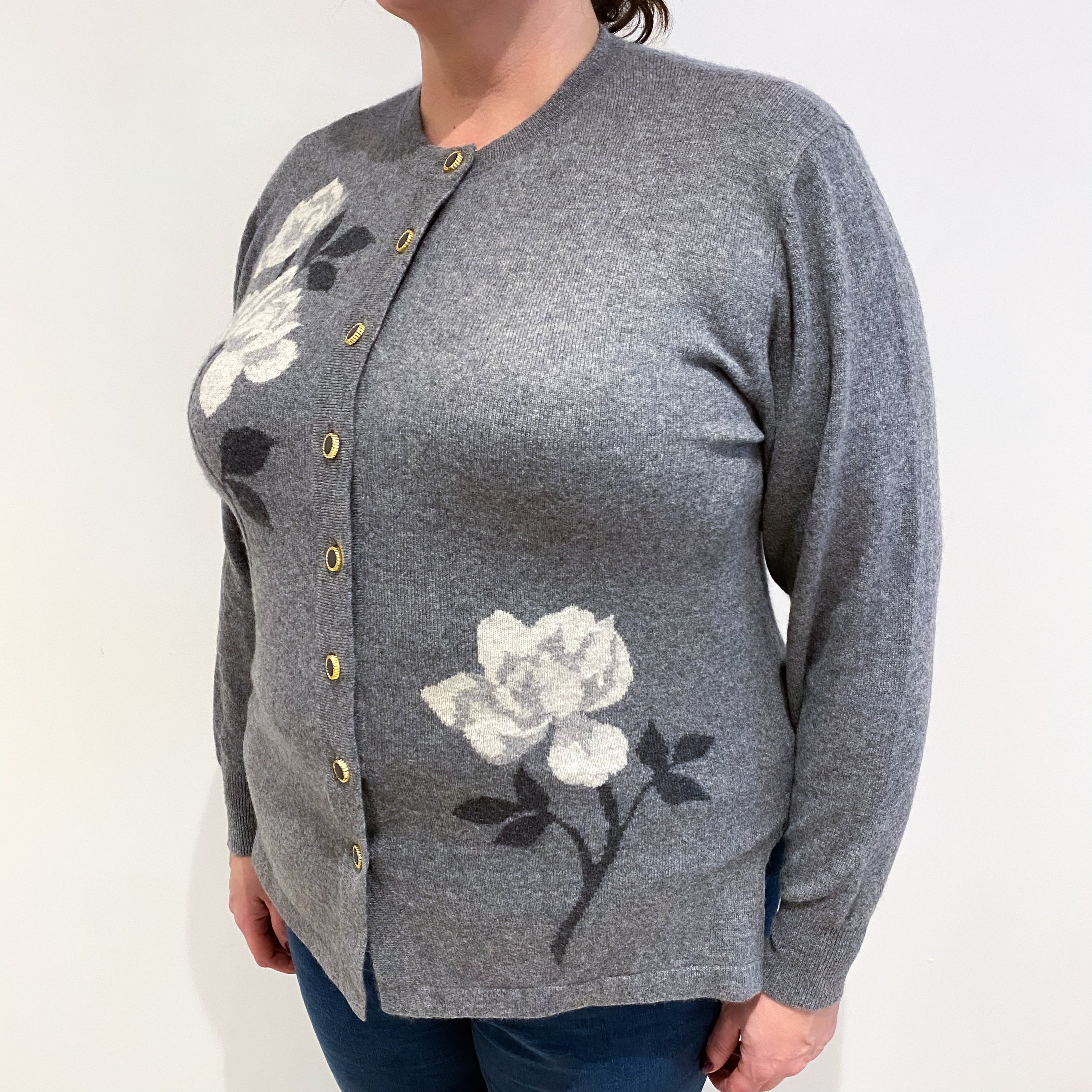 Ash Grey Floral Cashmere Crew Neck Cardigan Extra Large