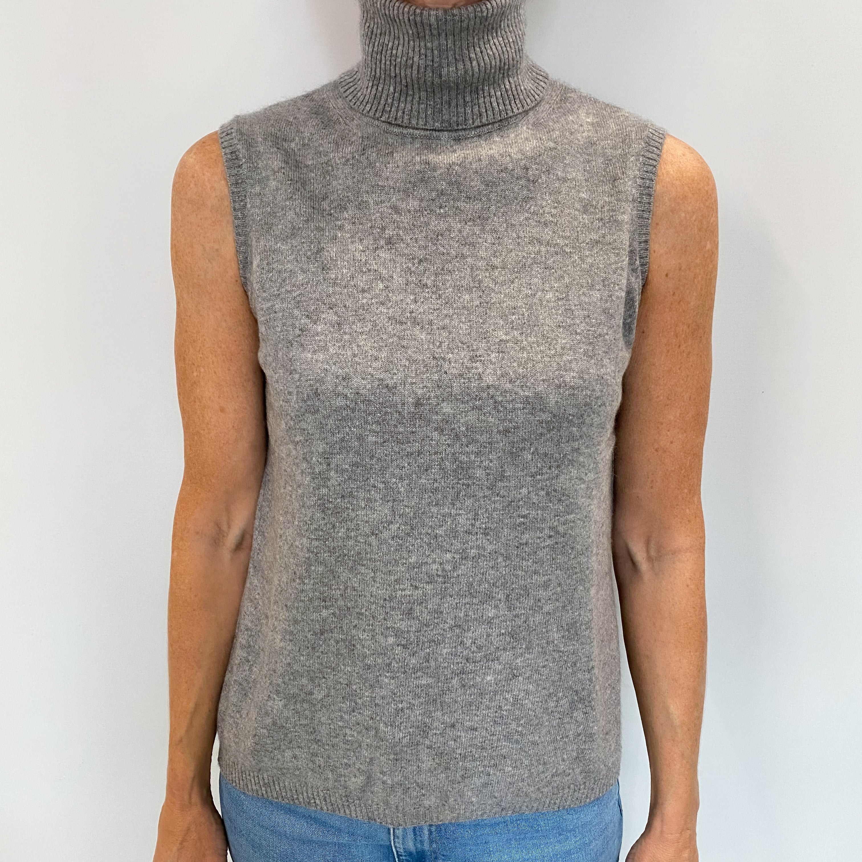 Ash Grey Cashmere Polo Neck Sleeveless Jumper Small