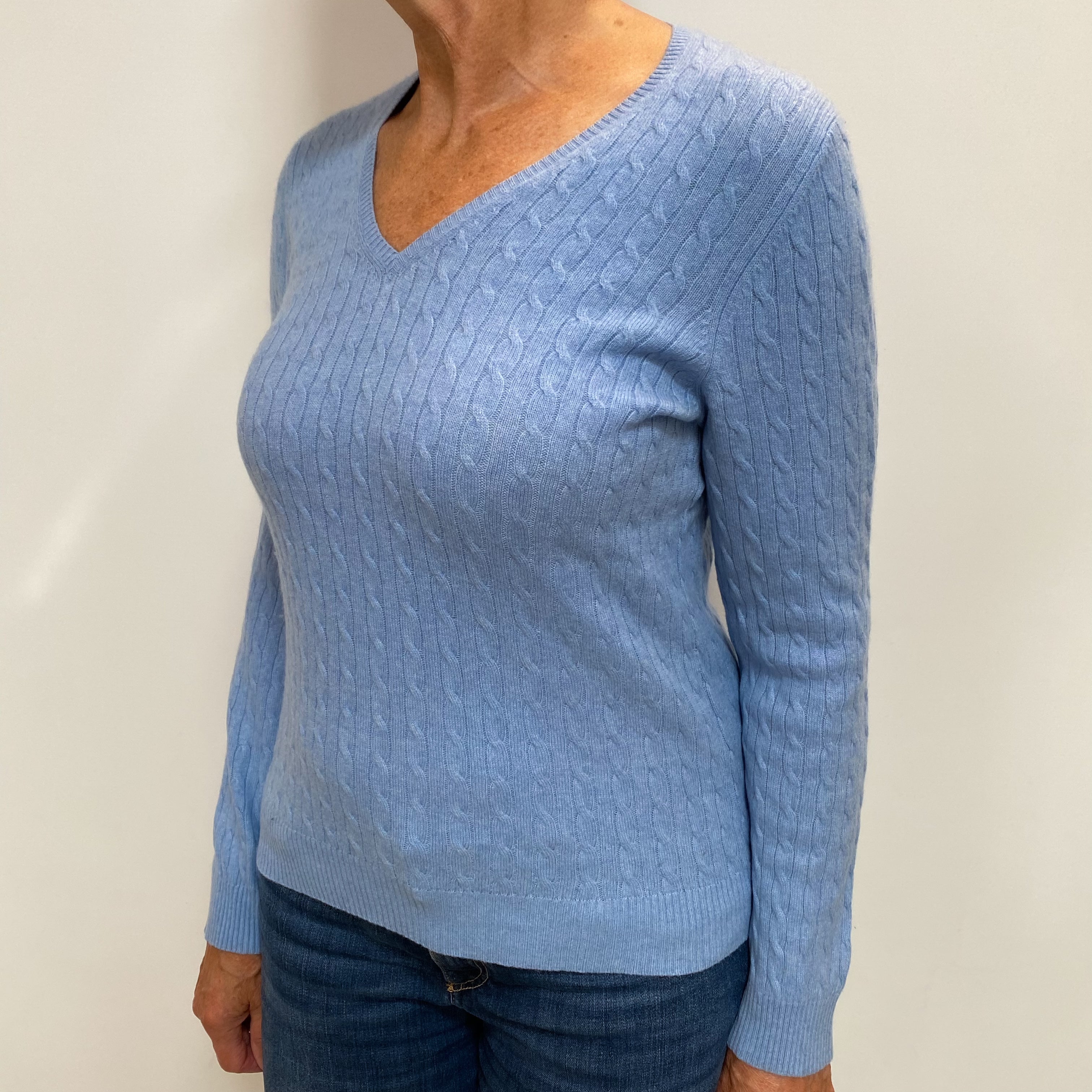 Cornflower Blue Cashmere V Neck Cable Knit Jumper Medium