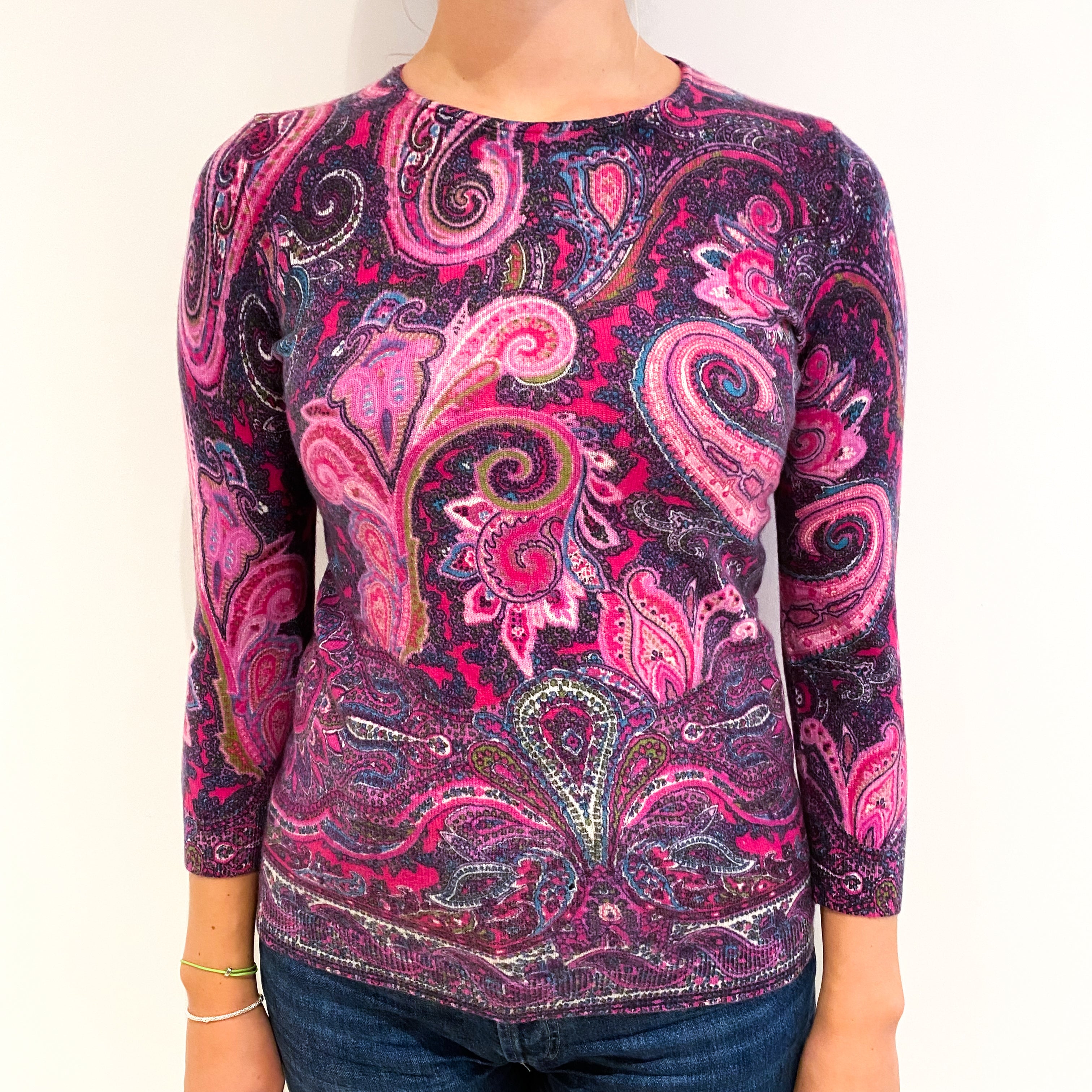 Pink and Purple Paisley Cashmere Crew Neck Jumper Small