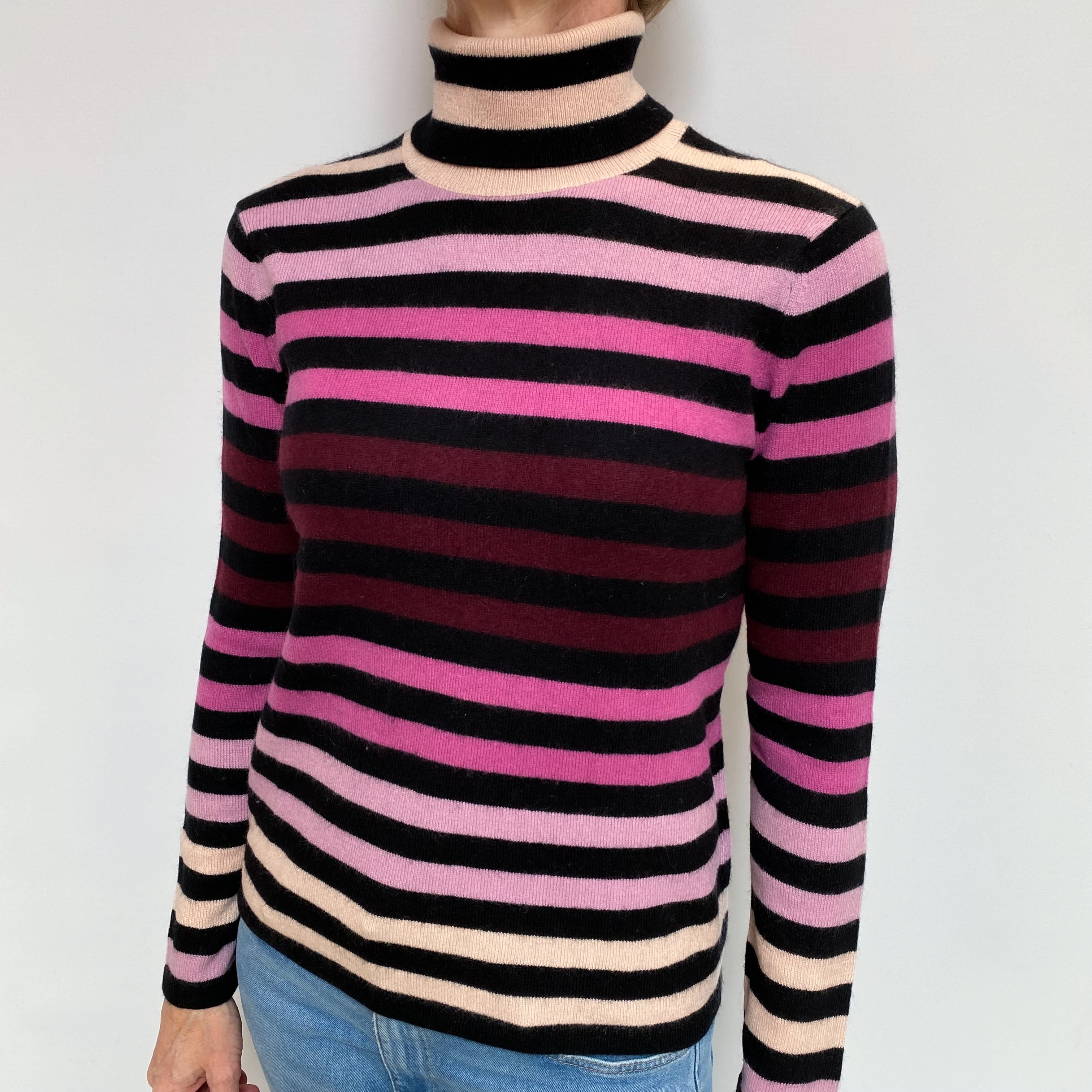 Black and Pink Striped Cashmere Polo Neck Jumper Small