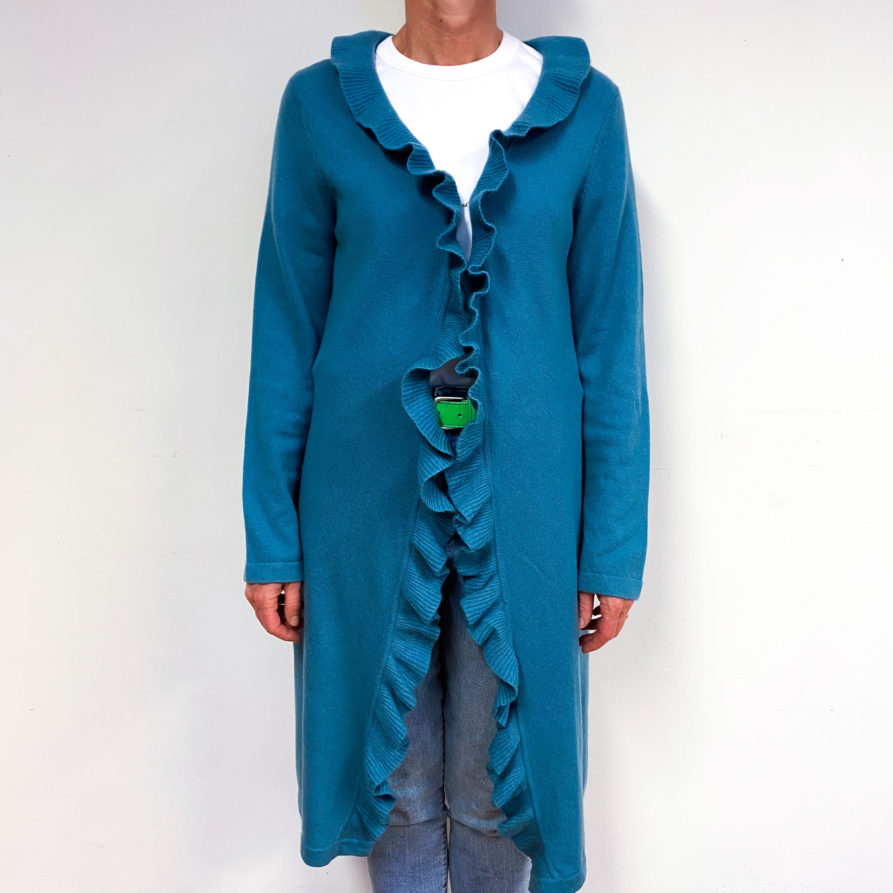 Teal Blue Cashmere Edge To Edge Cardigan Medium