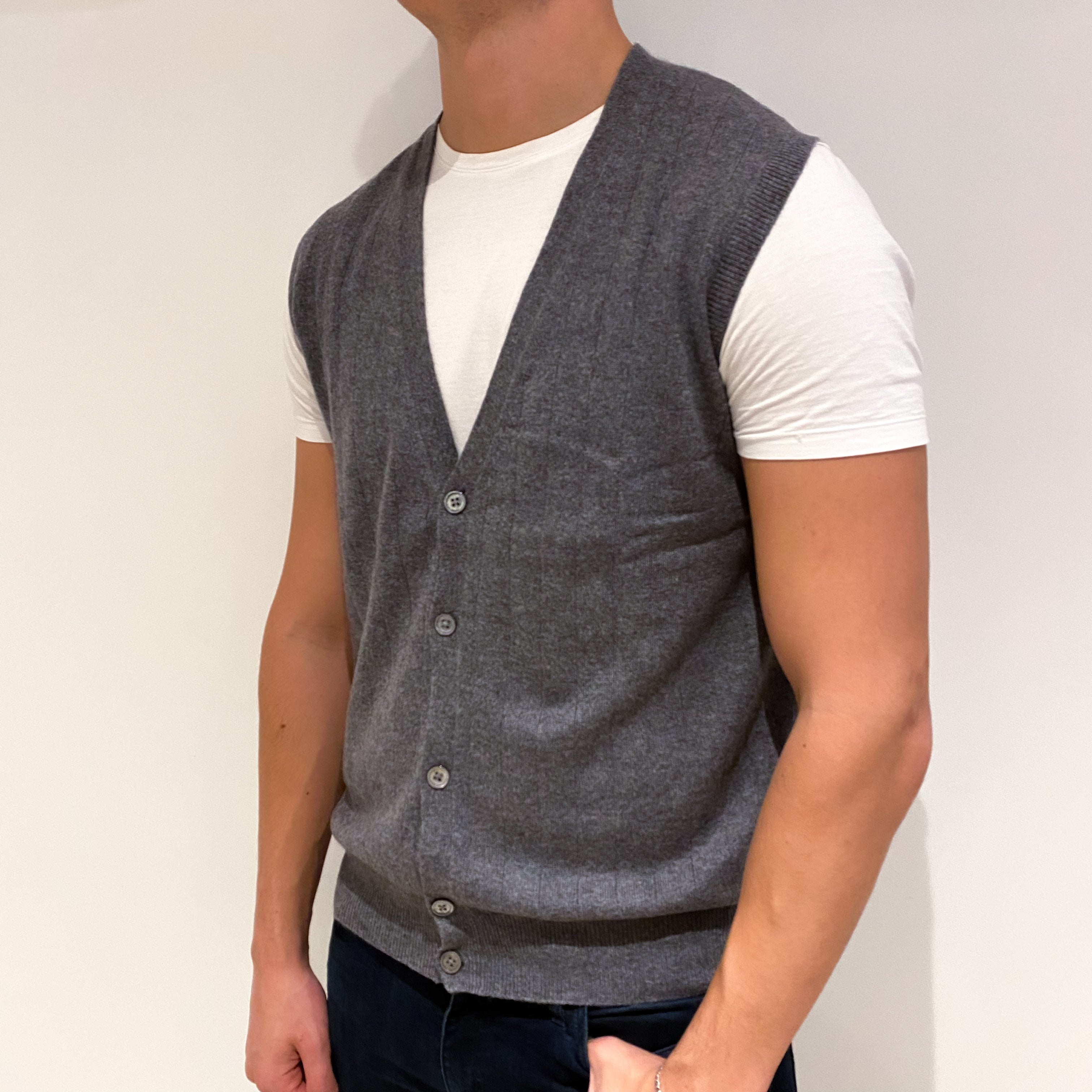 Men's Slate Grey Cashmere V-Neck Waist Coat Extra Large