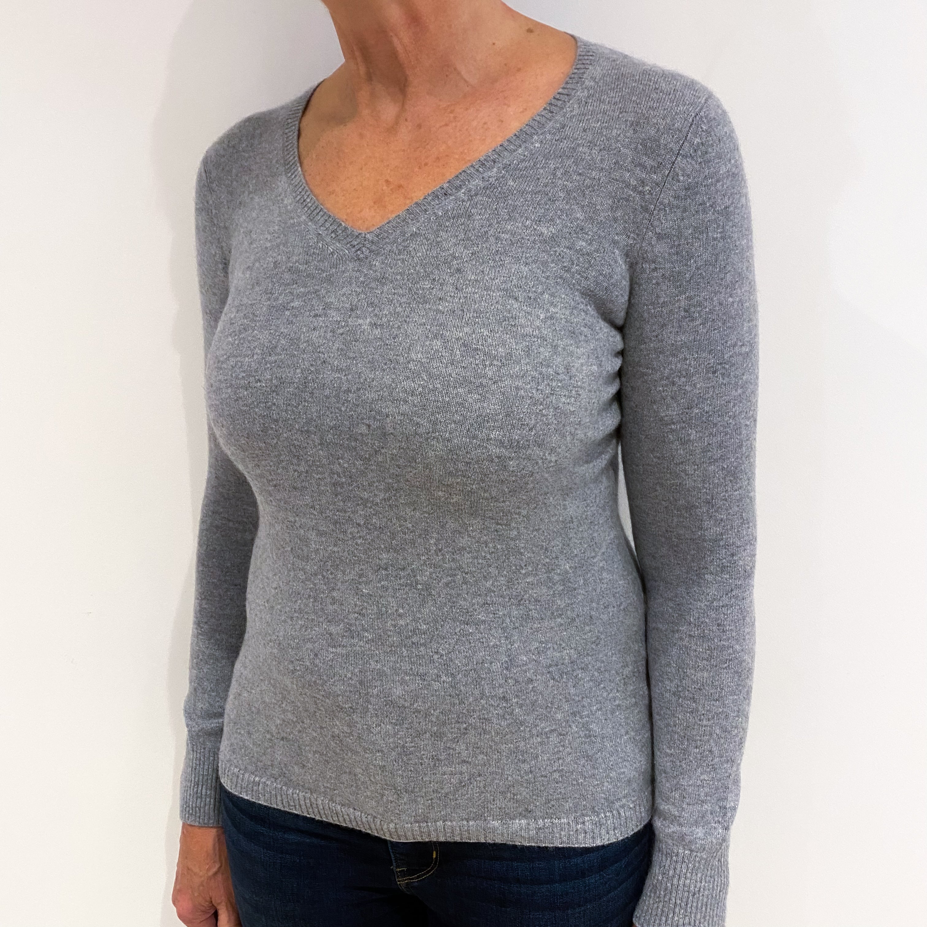 Smoke Grey Cashmere V Neck Jumper Medium