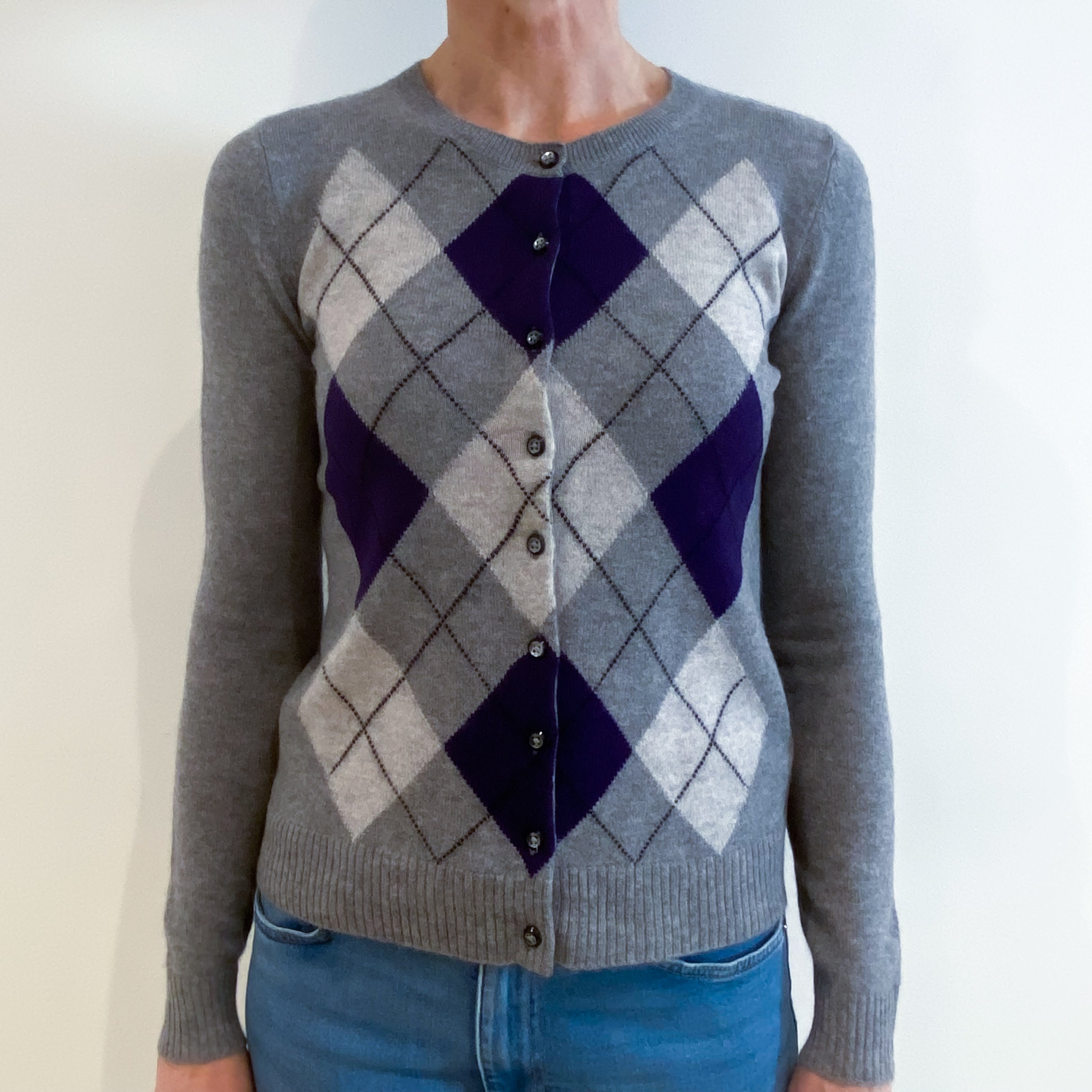 Ash Grey Diamond Patterned Cashmere Crew Neck Cardigan Small