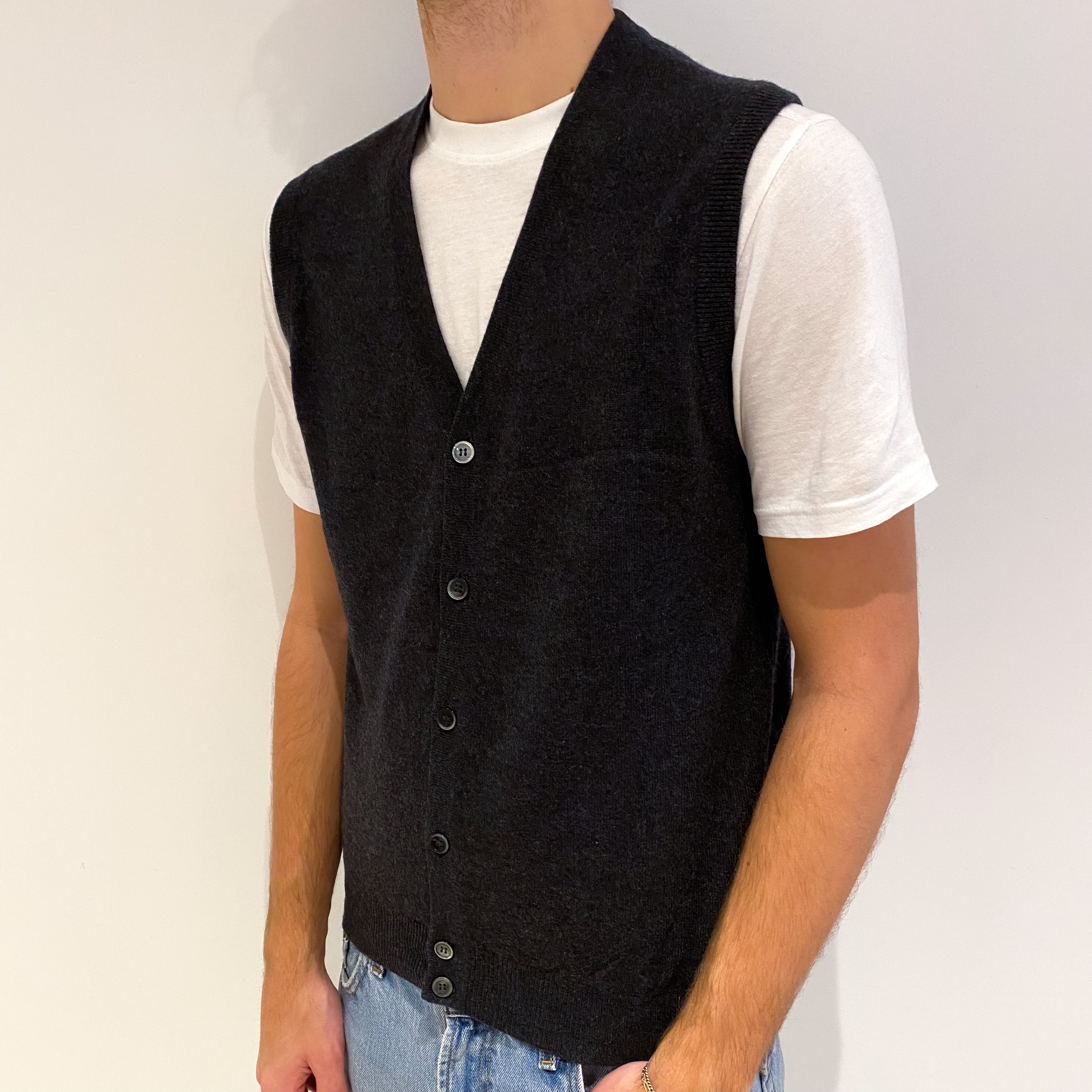 Men's Grey Cashmere V Neck Waistcoat Large