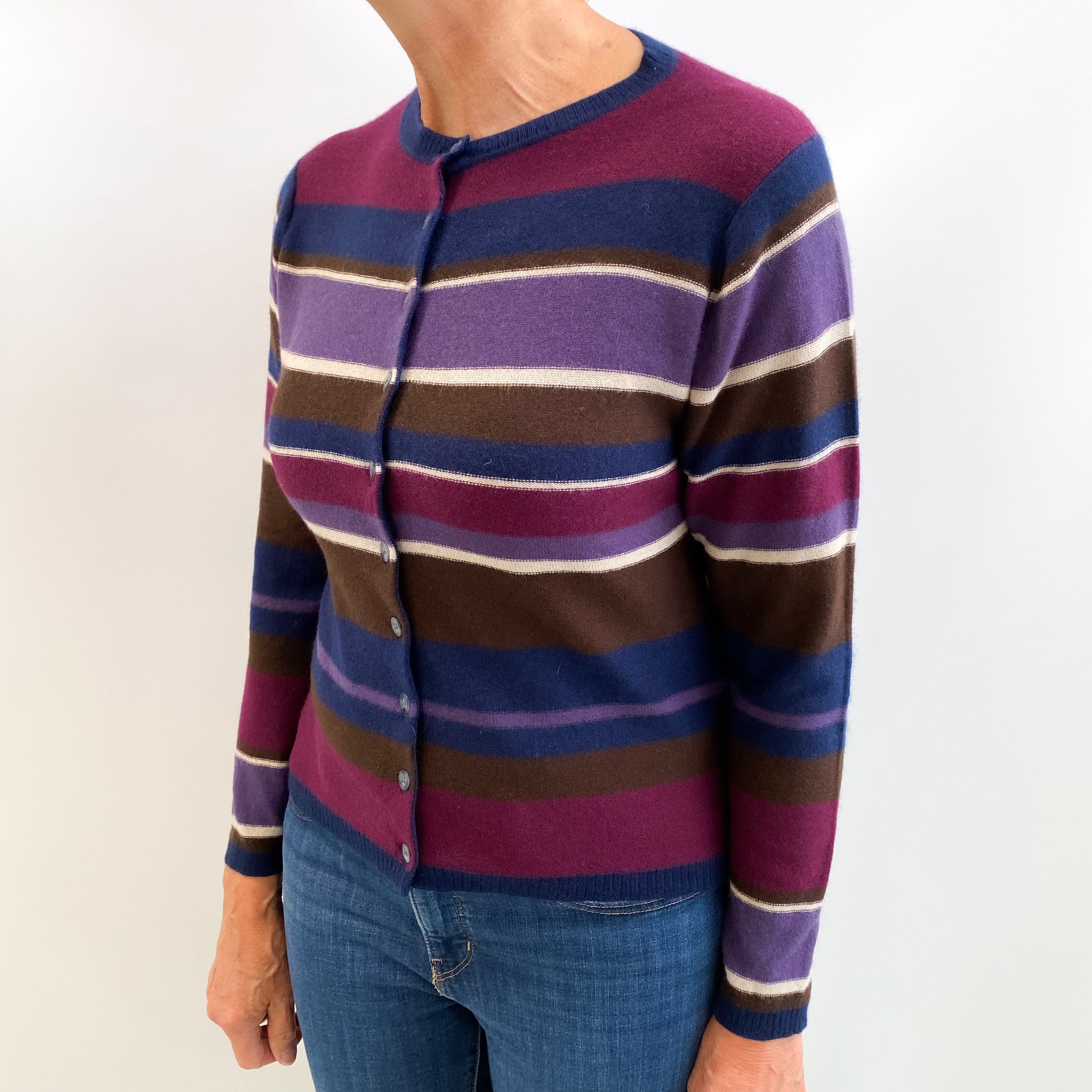 Blue and Purple Striped Cashmere V Neck Jumper Medium
