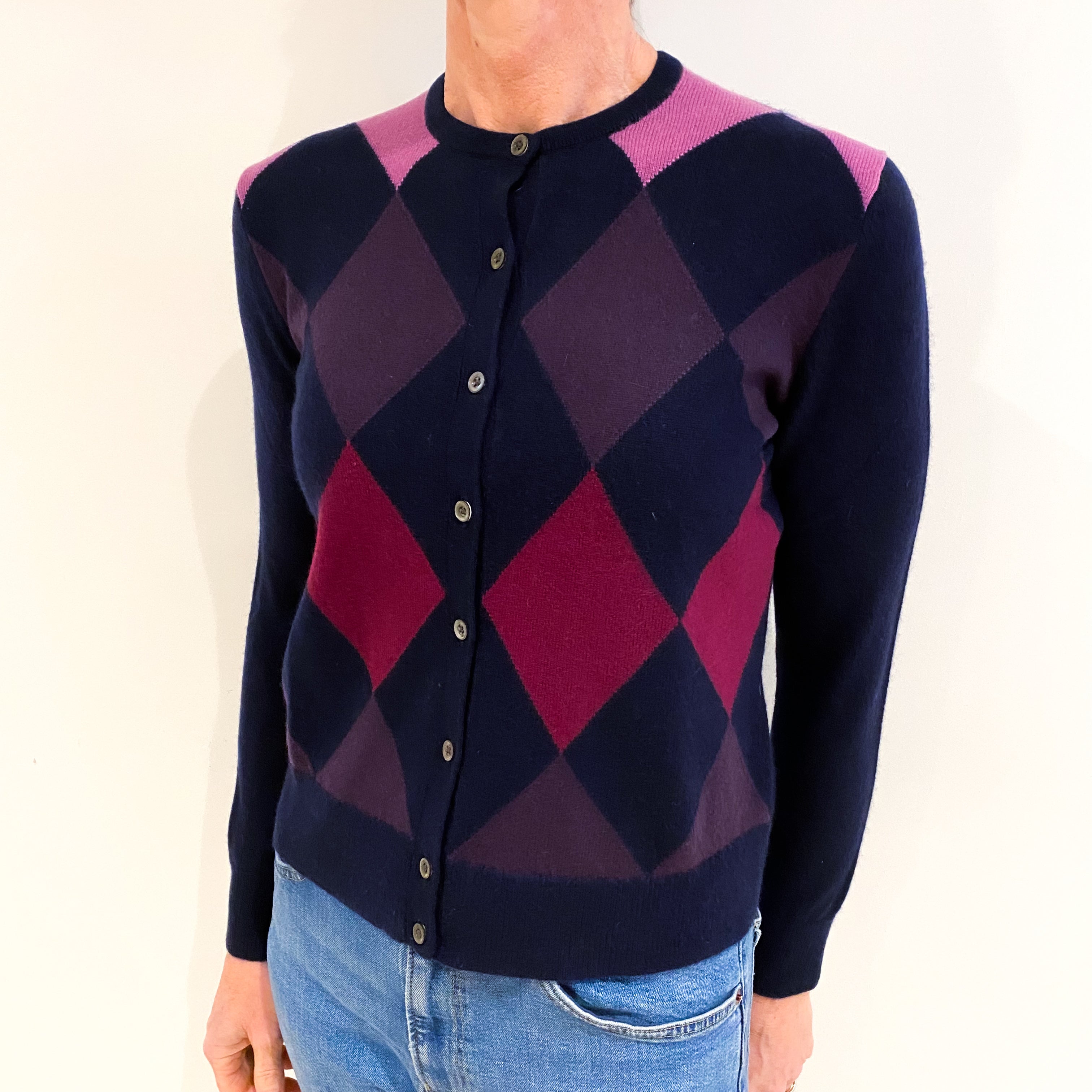 Navy Purple Diamond Pattern Cashmere Cardigan Small
