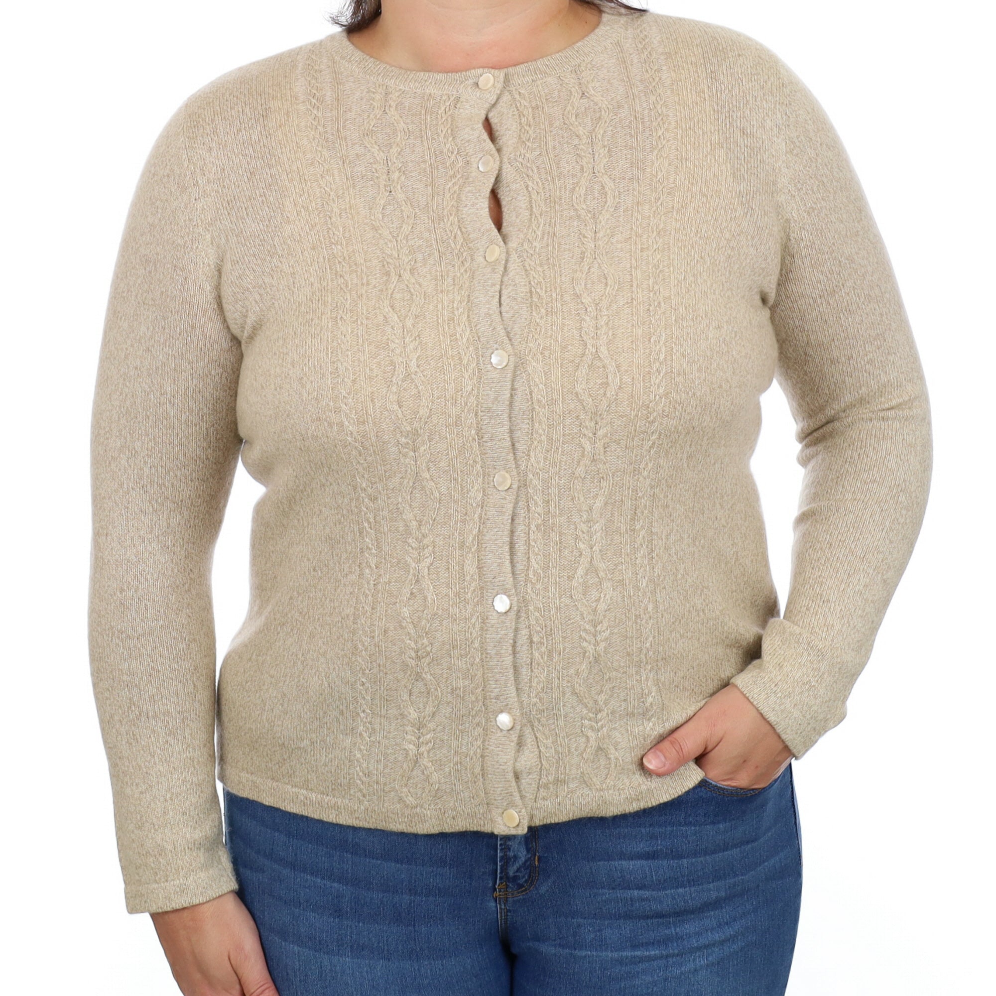 Oatmeal Beige Cashmere Crew Neck Cardigan Large